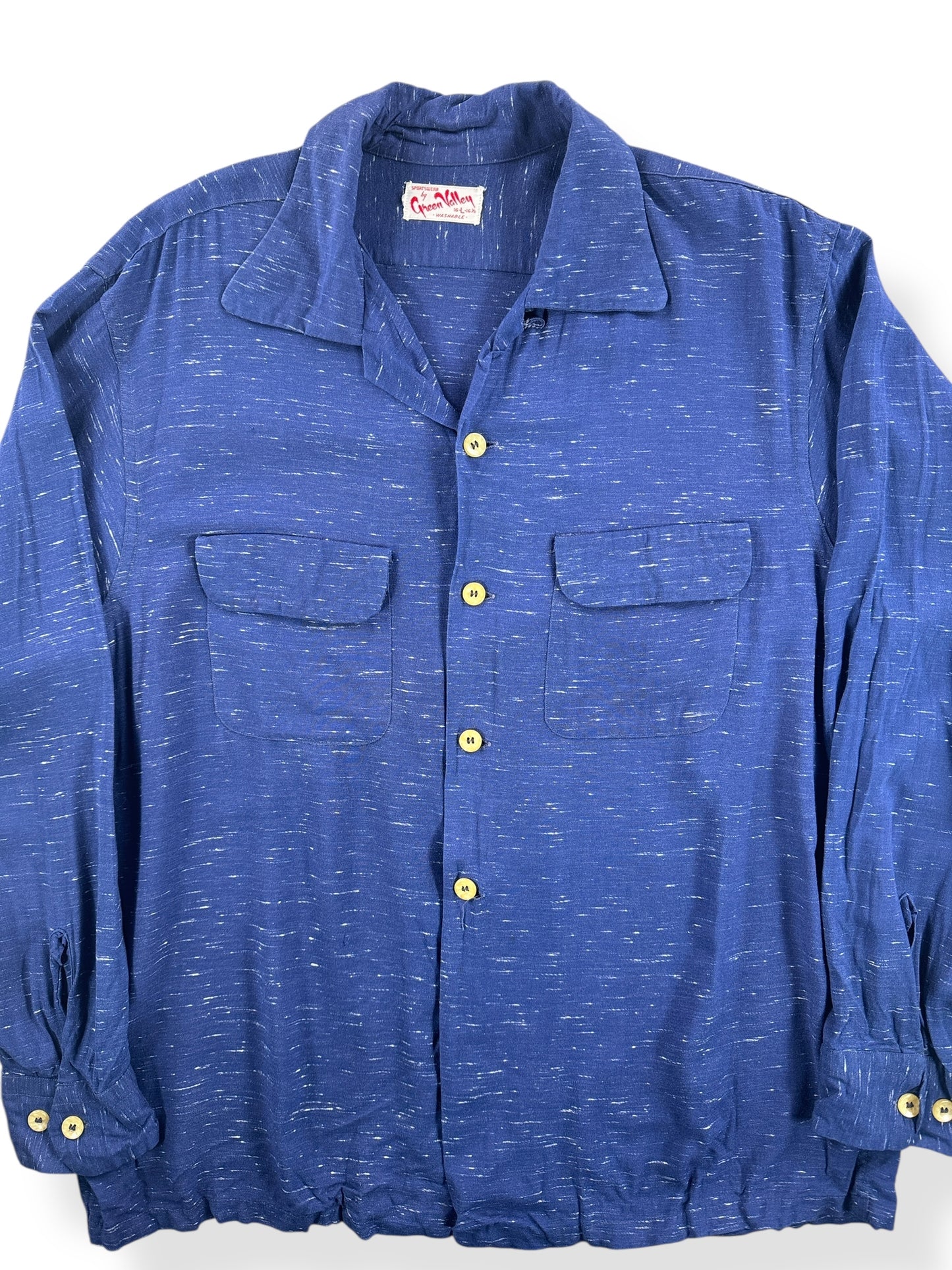 Front Close Up of Vintage Green Valley Rayon Rockabilly Shirt SZ L