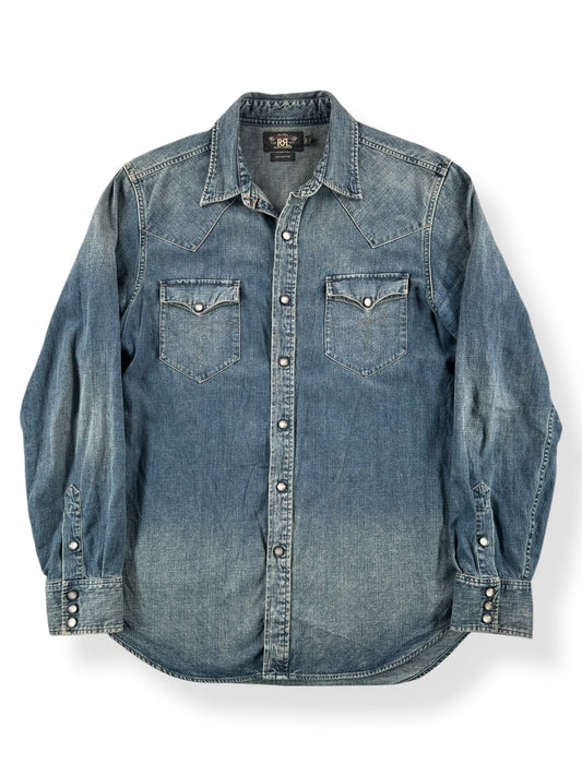 Front of Modern RRL Southwestern Style Denim Pearlsnap Shirt SZ L