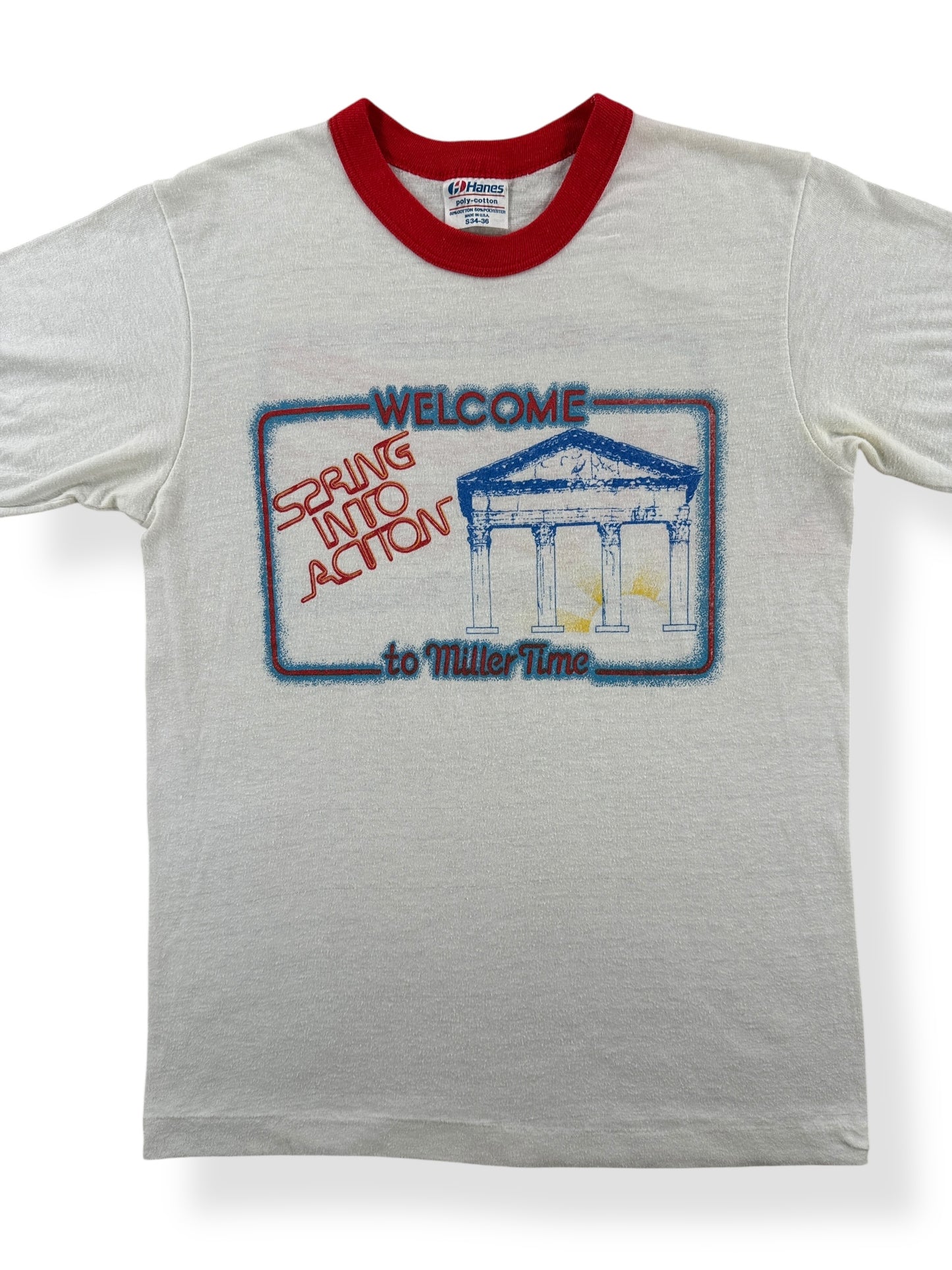 Front Close Up of Vintage Welcome to Miller Time Ringer Tee SZ XS