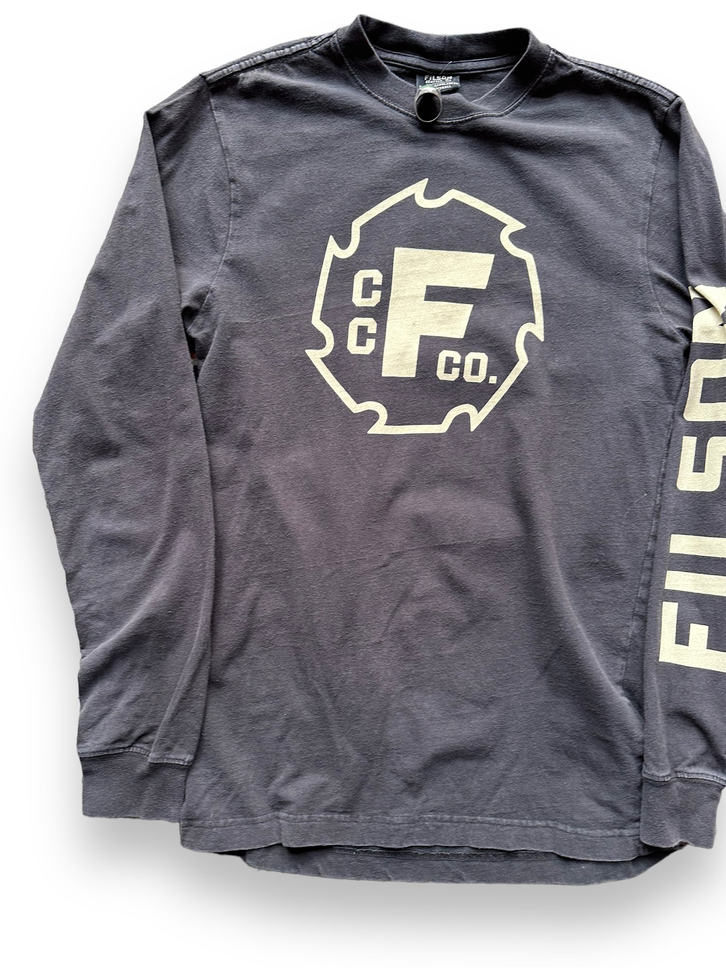 Front Right View of Filson Black Long Sleeve Graphic Tee SZ XS | Barn Owl Vintage Goods | Vintage Filson Workwear Seattle