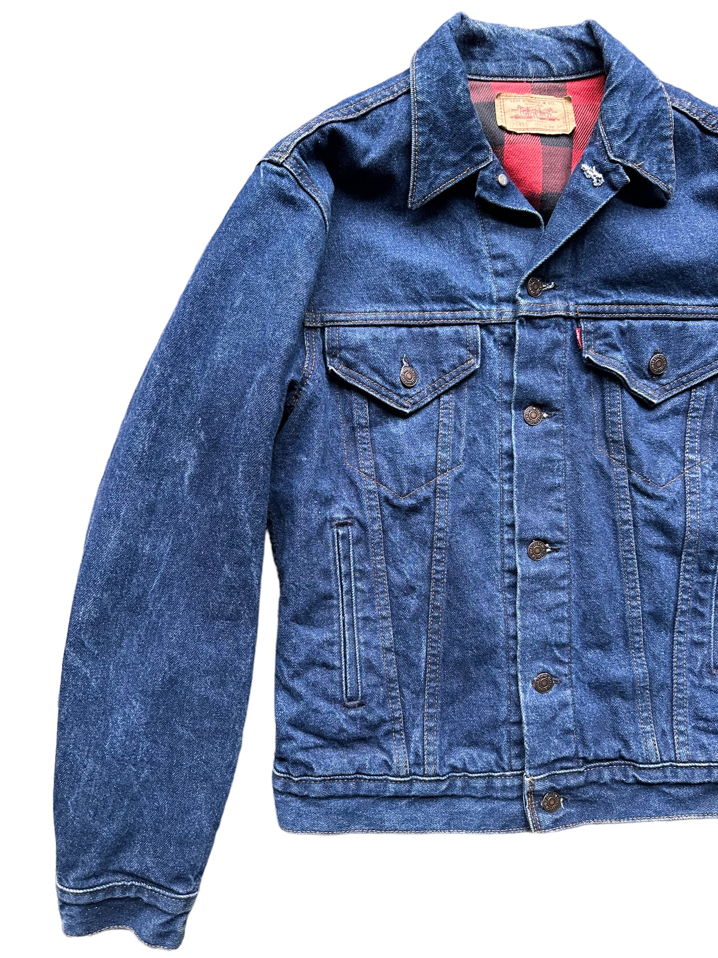 Front Right Side View of Vintage Red Flannel Lined Levis Type 3 Denim Trucker Jacket SZ S | Vintage Levi Strauss Denim Workwear Seattle | Seattle Vintage Clothing