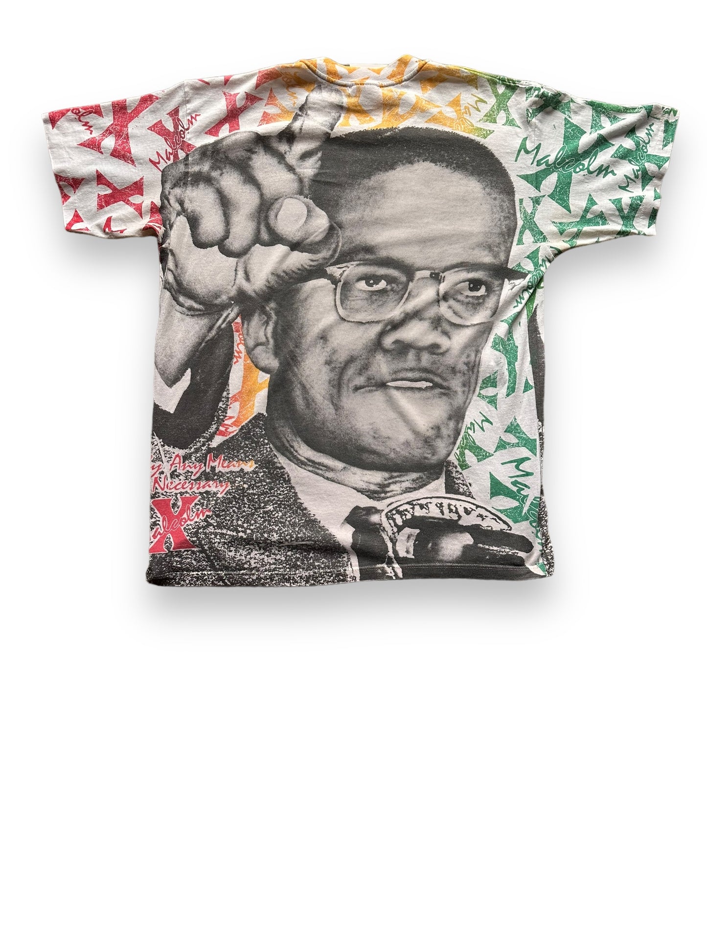 Rear View of Vintage Malcolm X All Over Print Tee SZ L | Vintage Malcolm X T-Shirts Seattle | Barn Owl Vintage Clothing Seattle