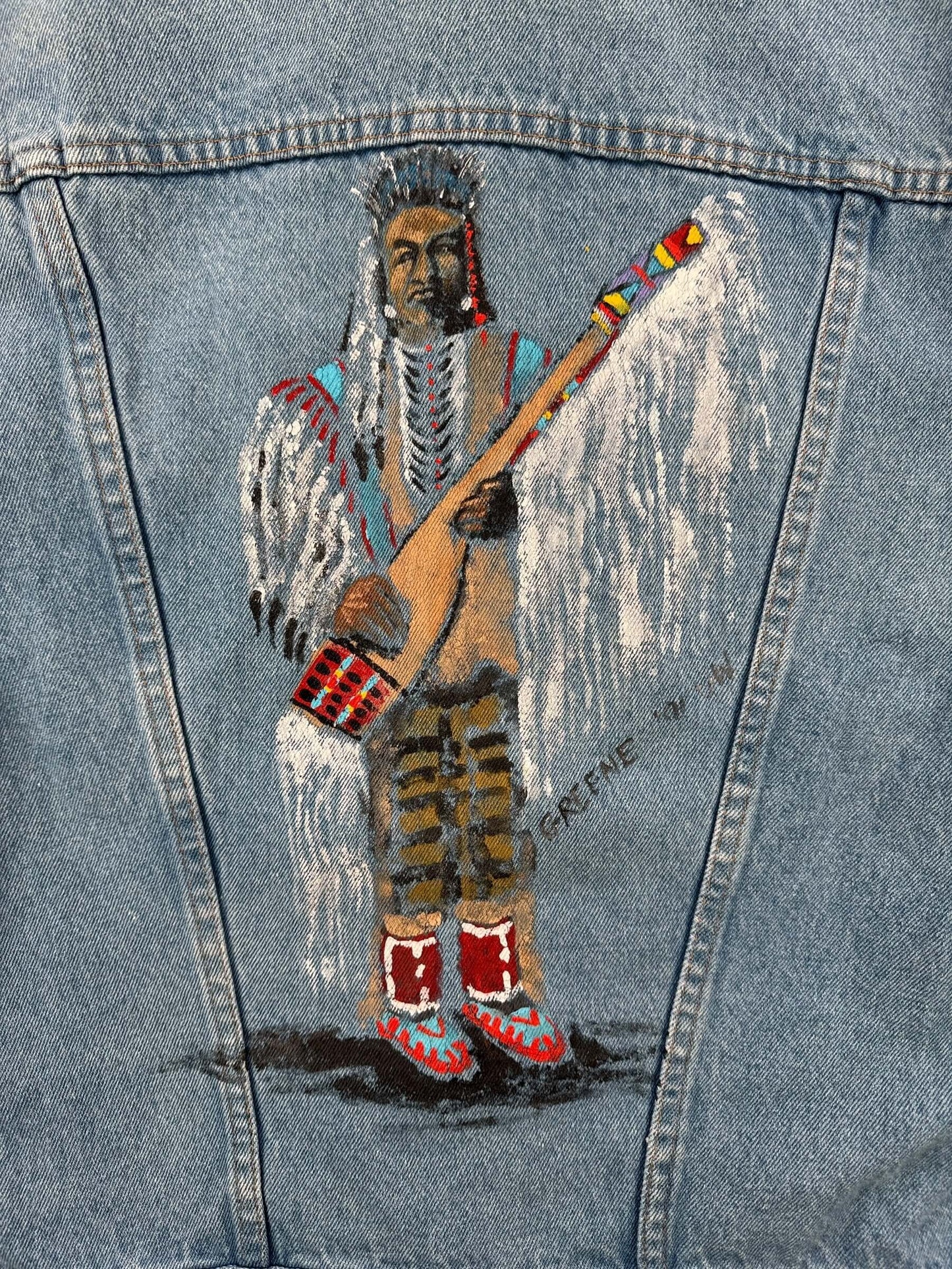 Back Graphic of Vintage Rustler Native Art Denim Jacket SZ L