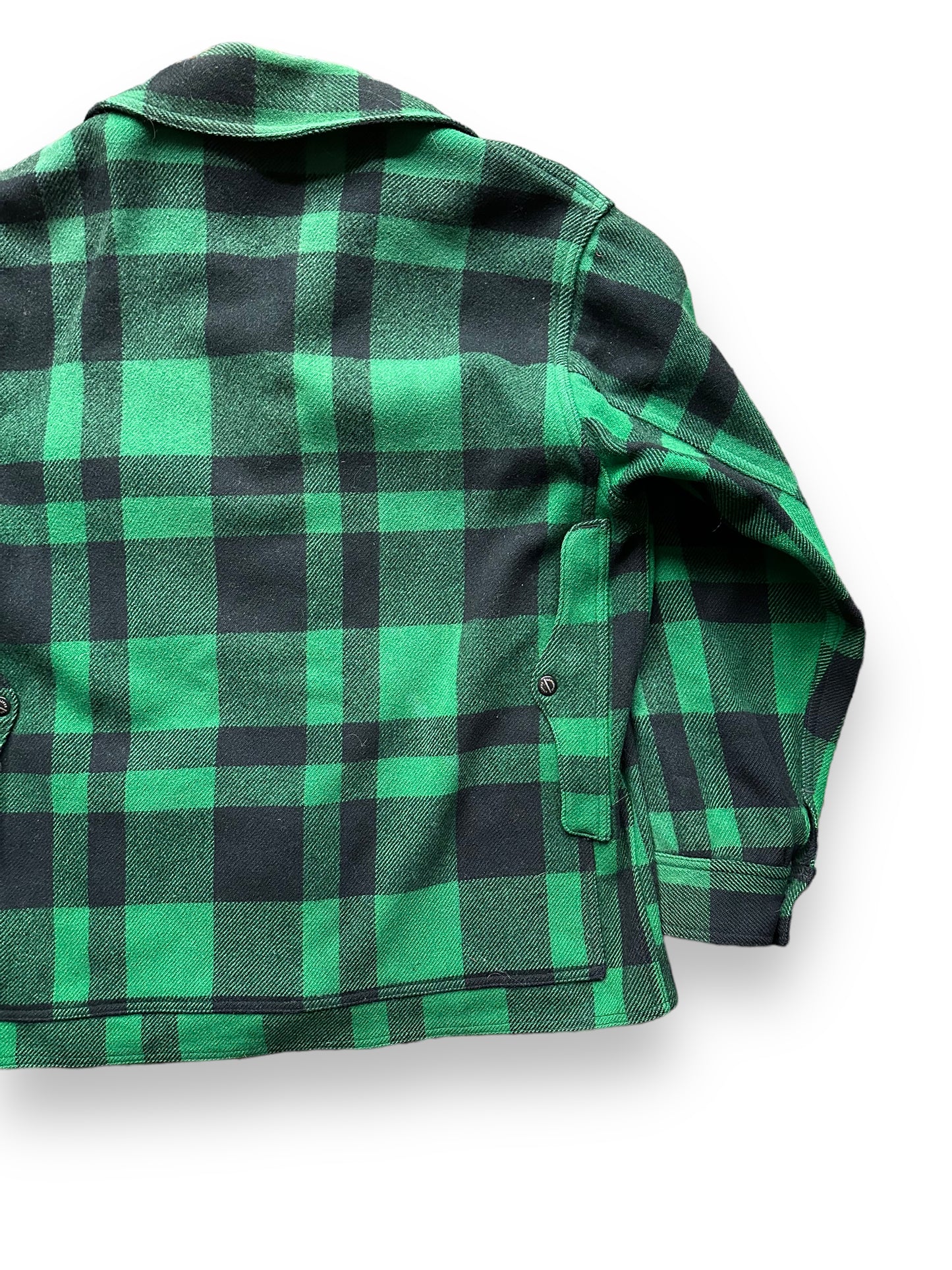Right Rear View of Vintage Union Made Filson Green & Black Mackinaw Coat SZ 44 | Vintage Filson Workwear Seattle | Vintage Clothing Seattle