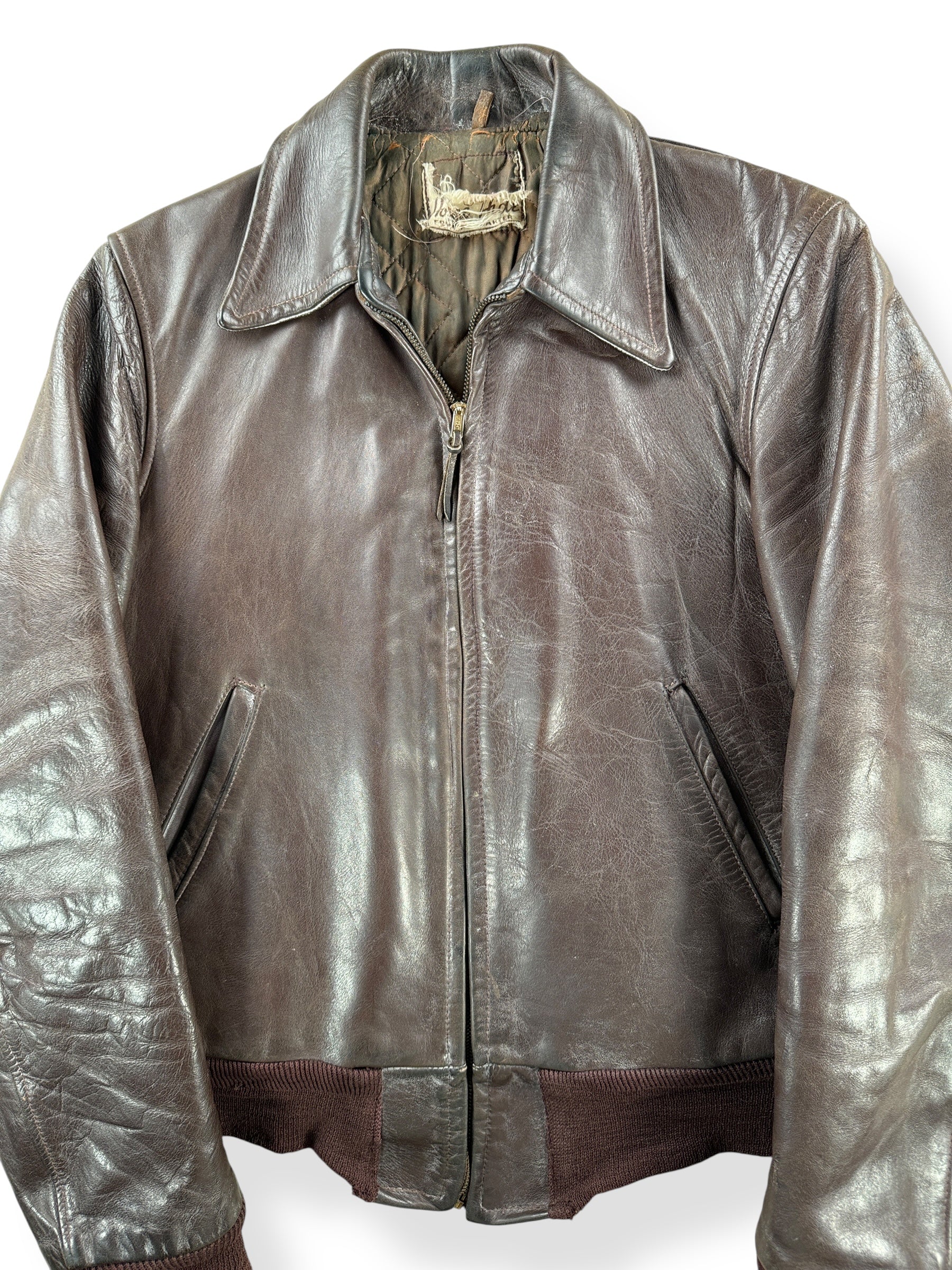 Front Close Up of Vintage 50s Era Front Quarter Horse Hide Leather Jacket SZ S