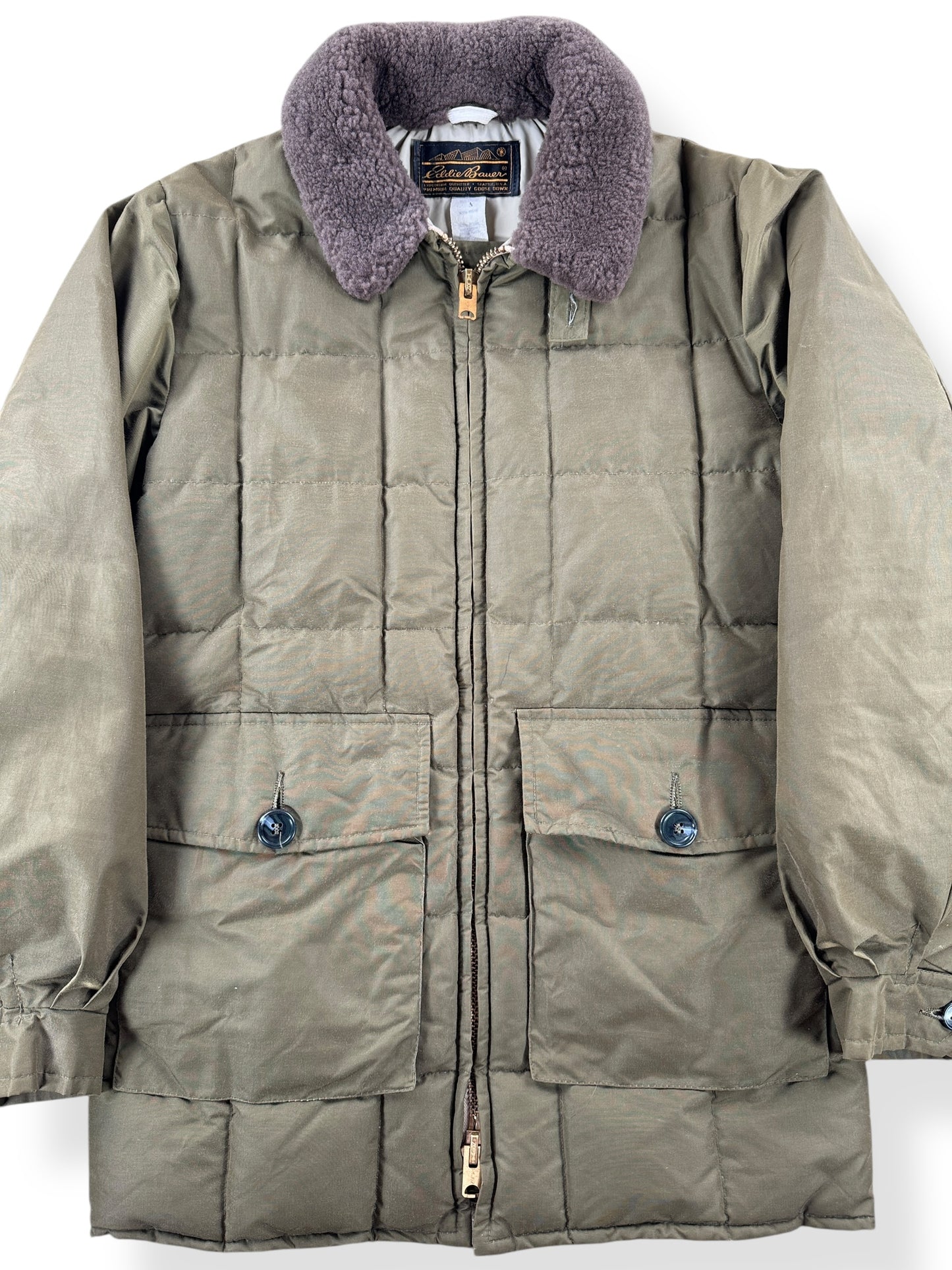 Front Close Up of Vintage Eddie Bauer Fur Collar Down Coat SZ M