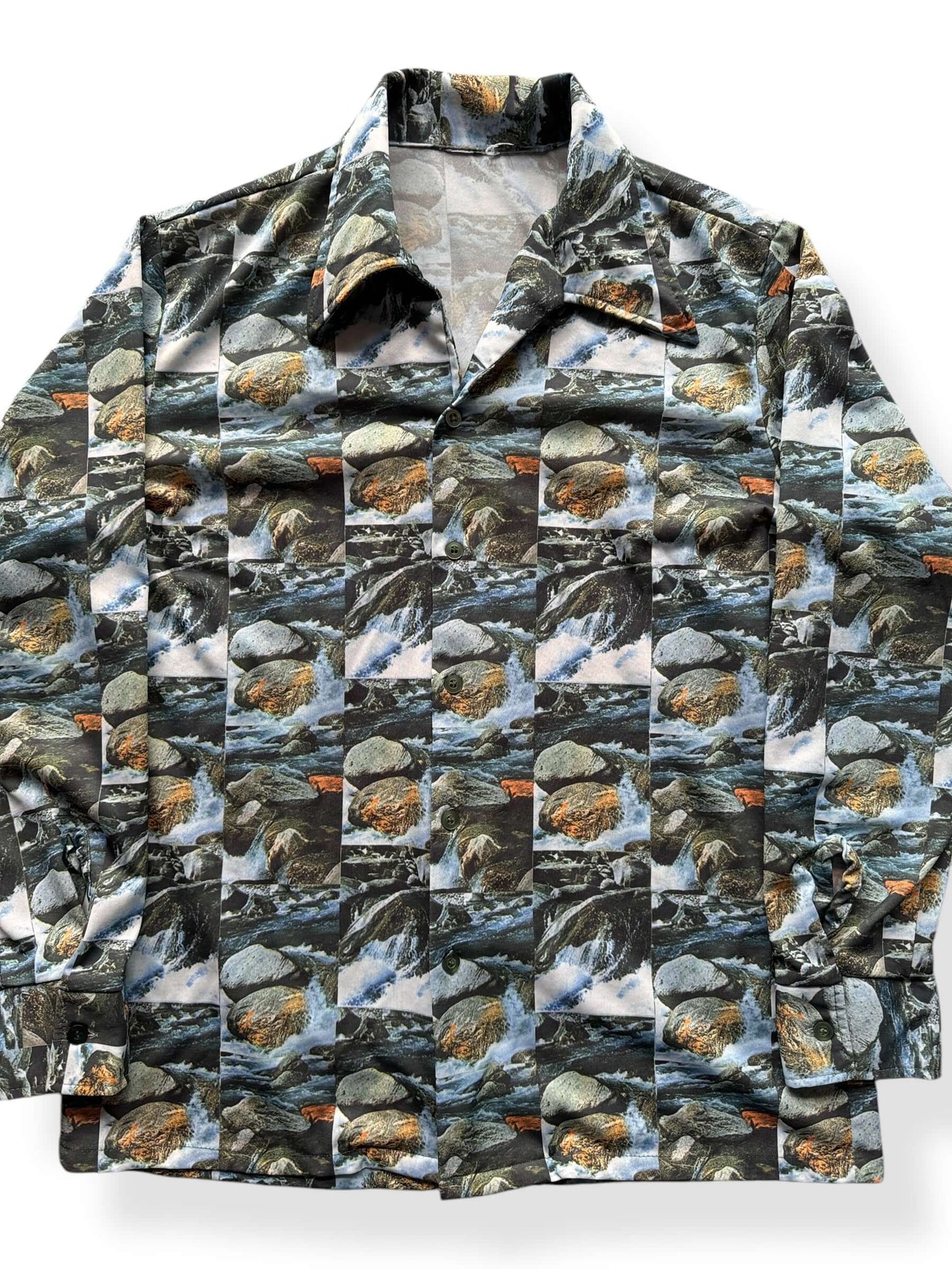 Front Close Up of Vintage Flowing Water Motif Disco Shirt SZ L