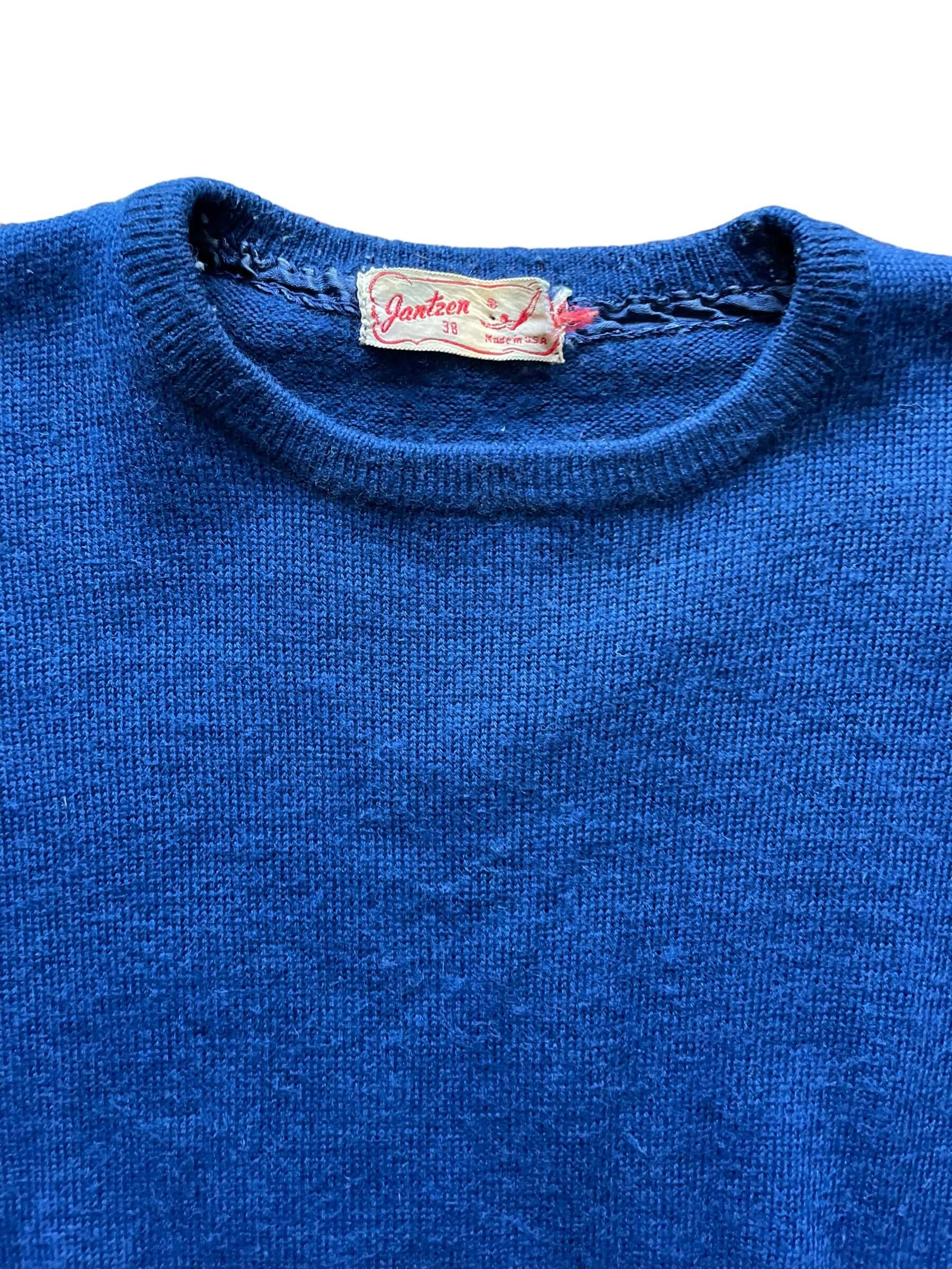 Tag view of 1950s Navy Blue Jantzen Short Sleeve Knit Sweater M