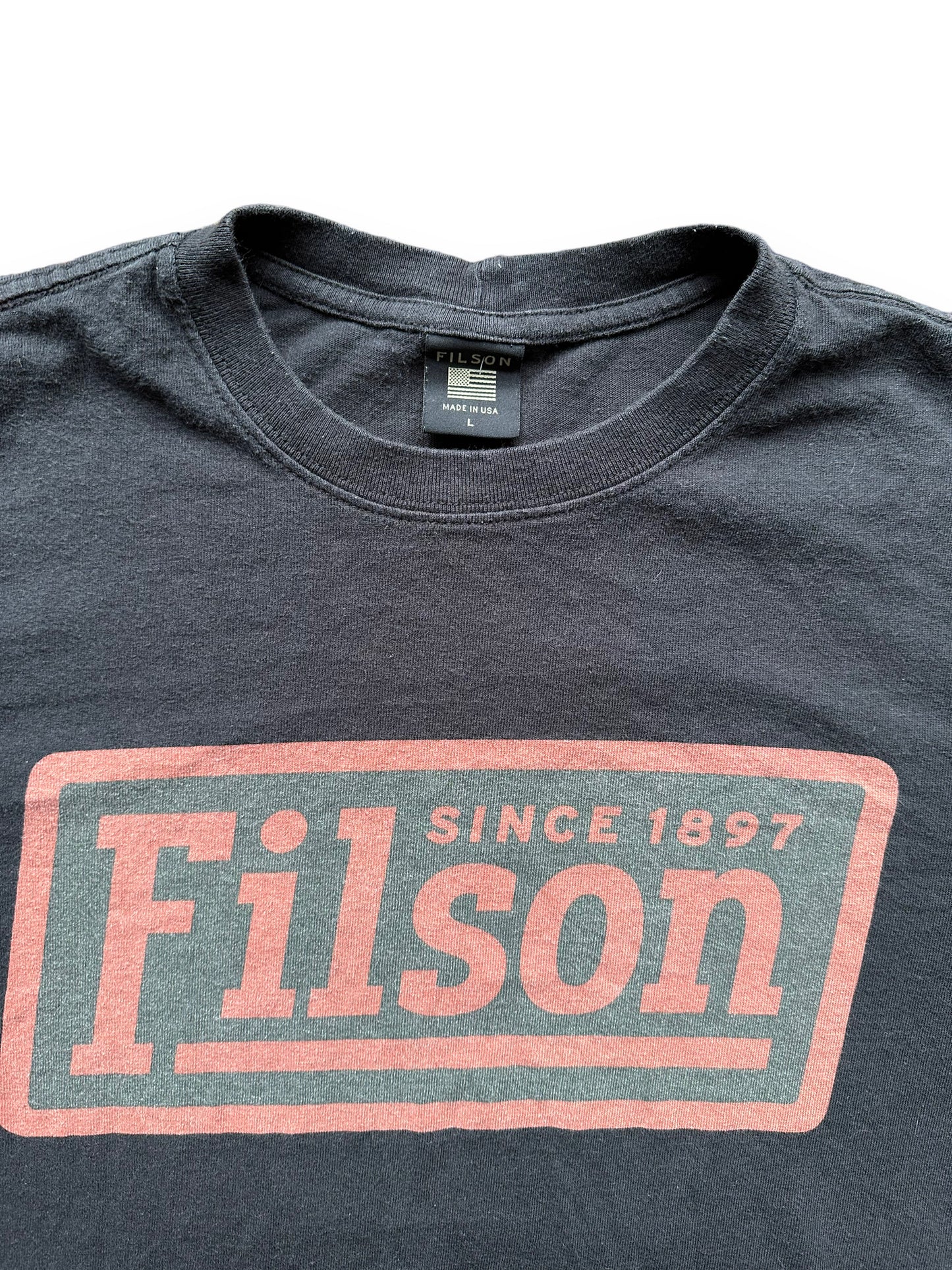 Tag View on Filson Black Cotton Graphic Tee SZ L | Barn Owl Vintage Goods | Vintage Filson Workwear Seattle