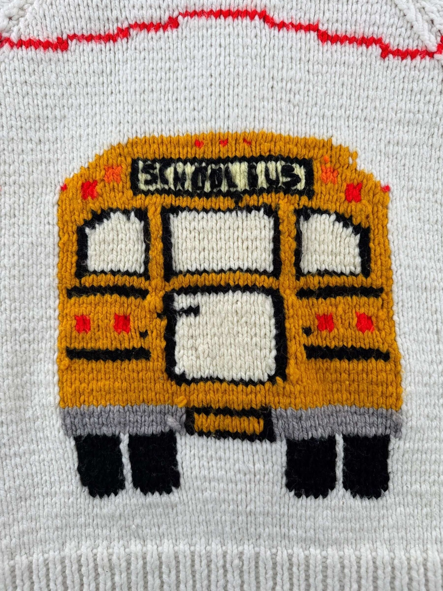 Back Graphic of Vintage School Bus Cowichan Style Sweater SZ L