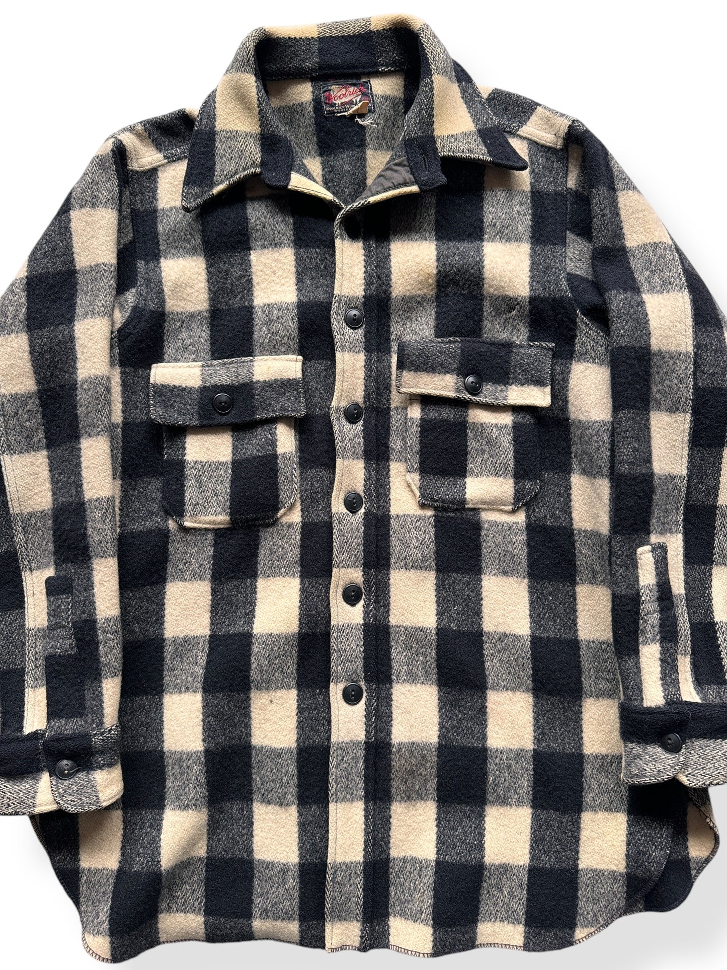 Front Close Up of 40s Era Vintage Woolrich Black & White Wool Coat SZ L