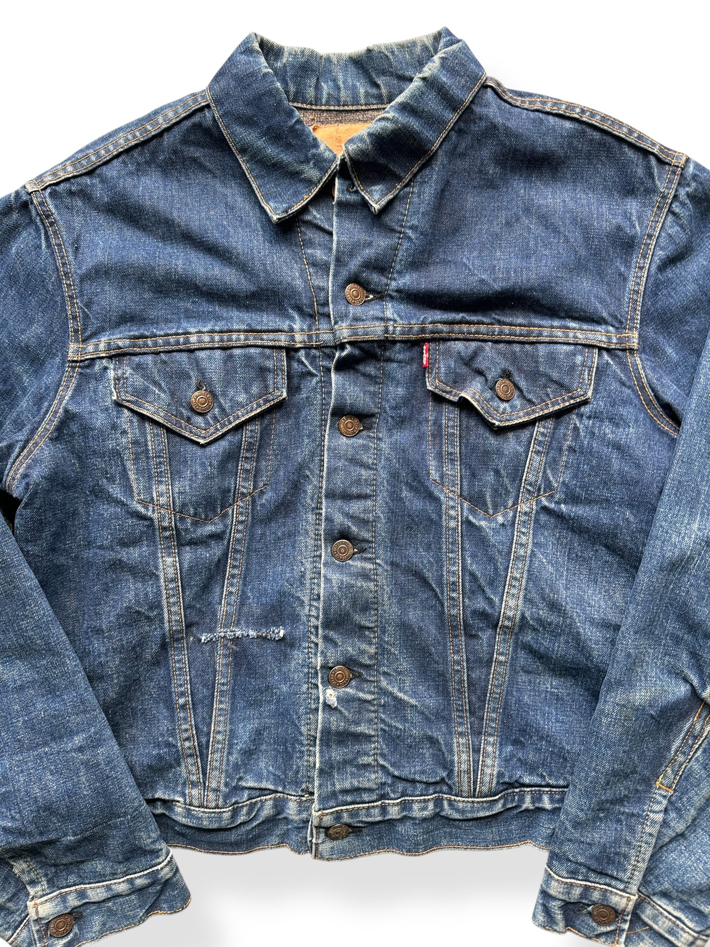Front Close Up of Vintage Big "E" Levis Blanket Lined Type III Trucker Jacket SZ XL
