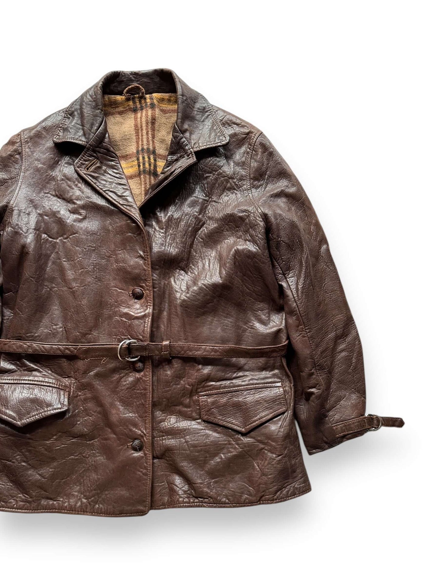 front left of Vintage Unbranded Belted Leather Jacket SZ M