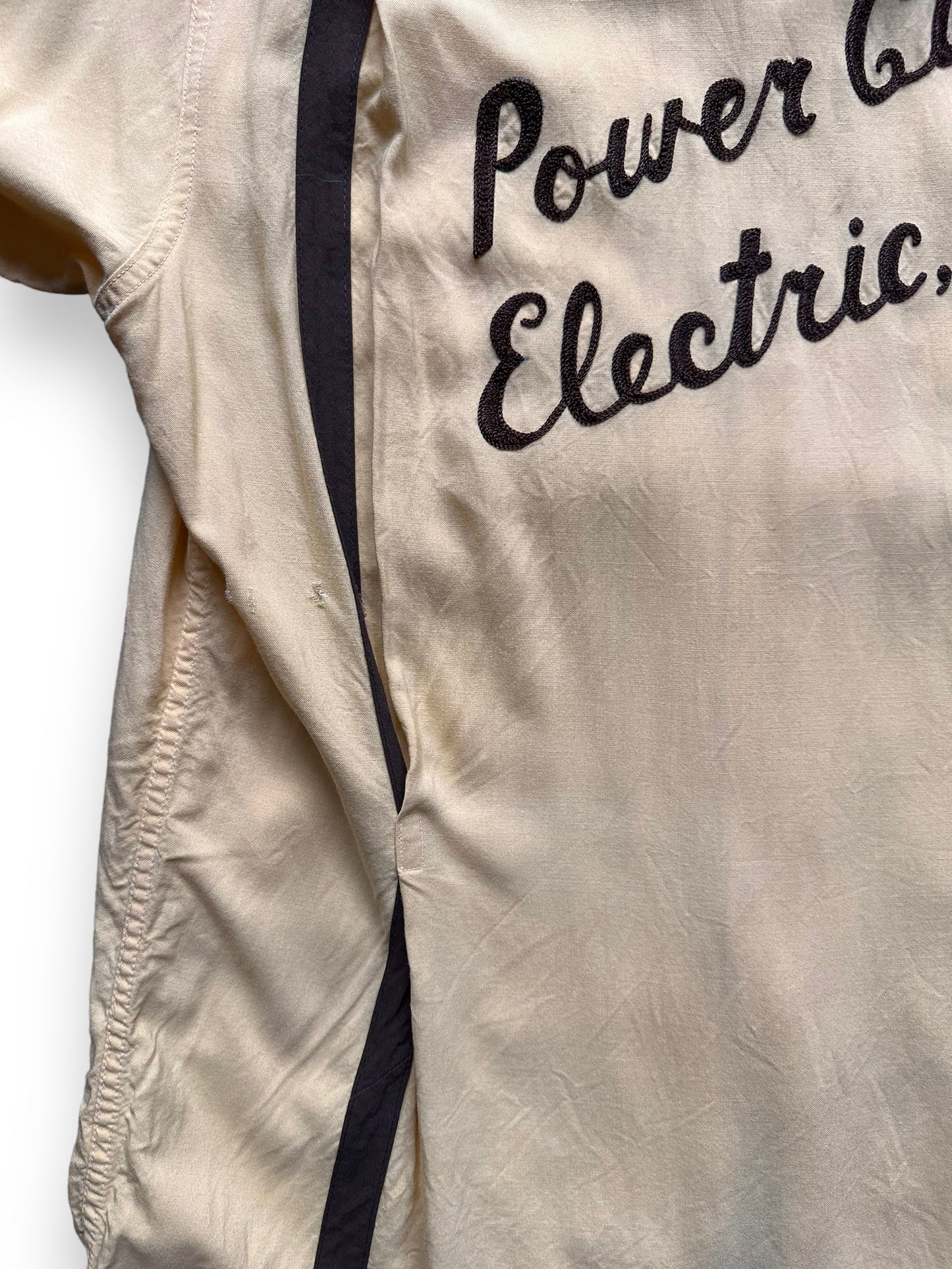 small stains on back left of Vintage Power City Electric Company Rayon Bowling Shirt SZ L | Vintage Bowling Shirt Seattle | Barn Owl Vintage Seattle