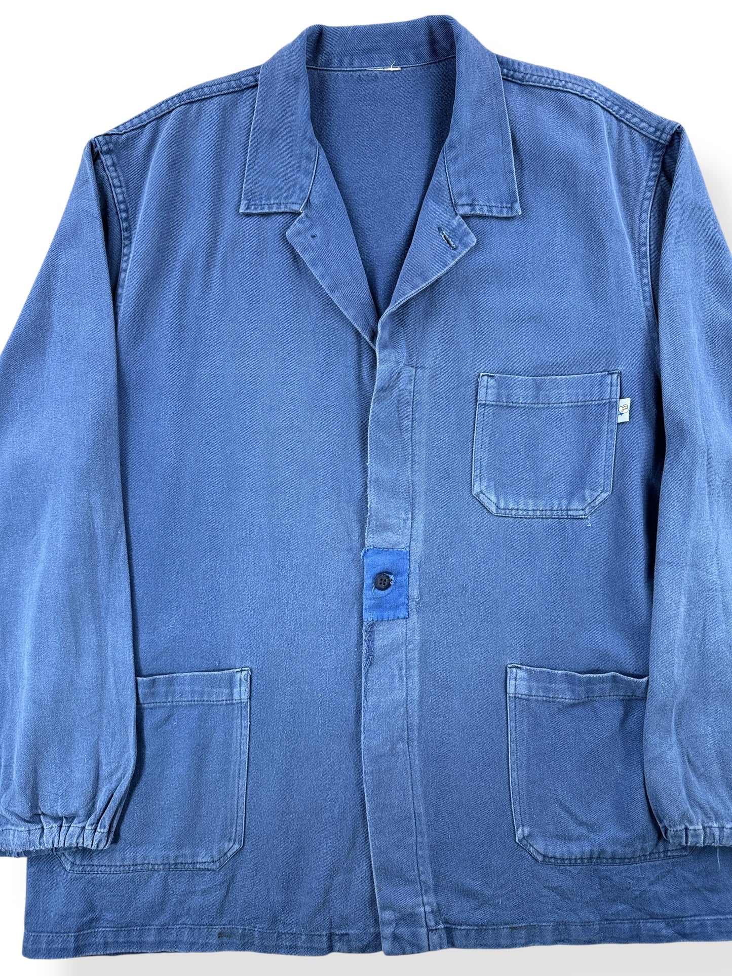 Front Close Up of Vintage Repaired French Chore Coat SZ XL