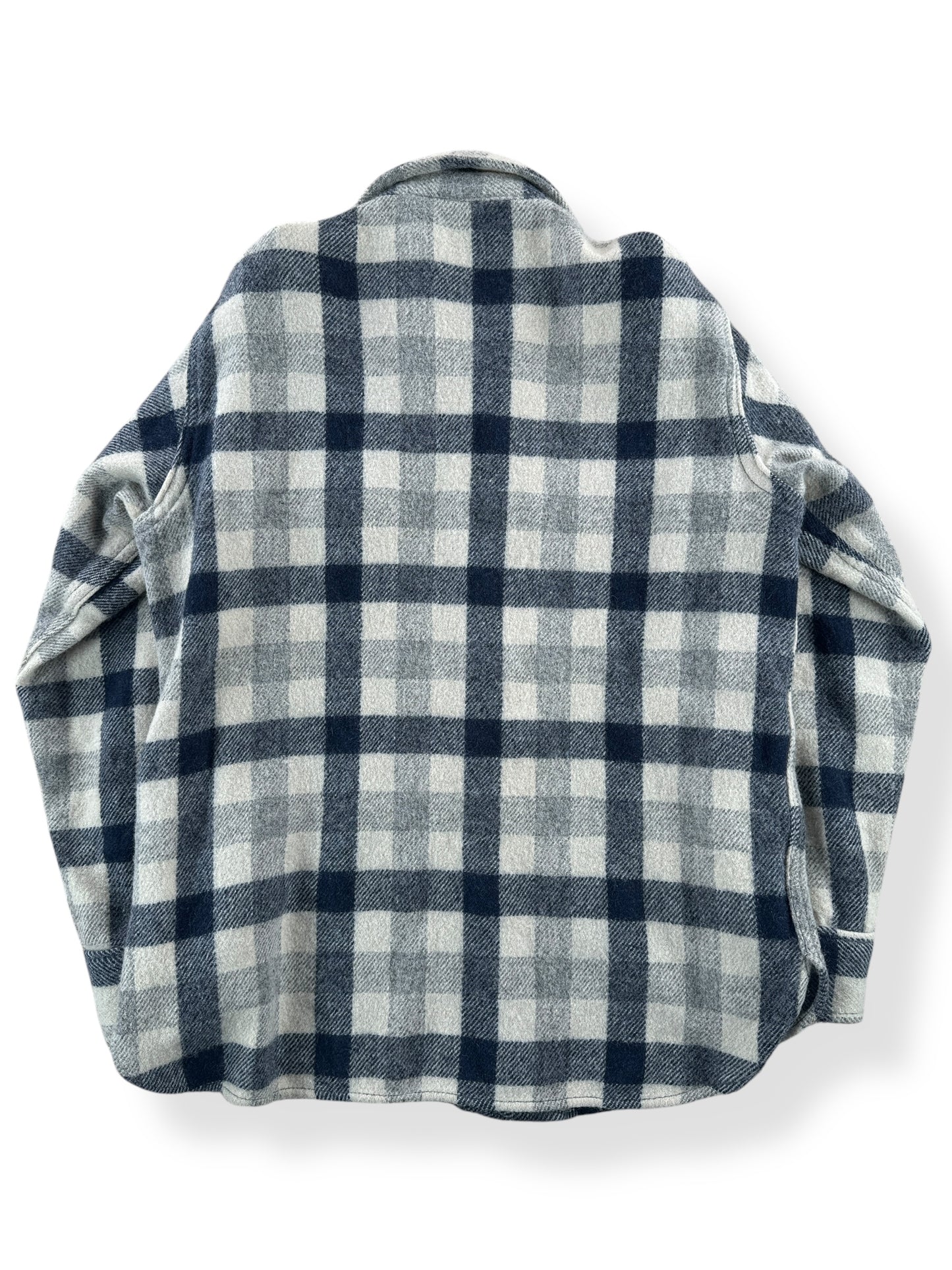 Back of Vintage Woolrich White and Blue Plaid Wool Flannel SZ M