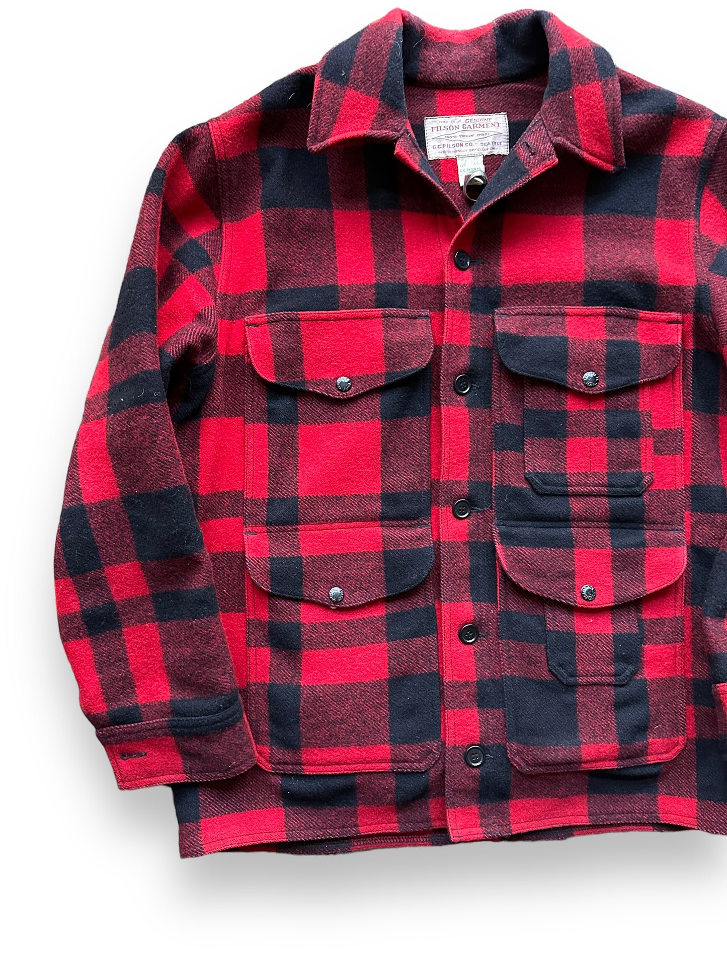 Front Right View of Vintage Filson Mackinaw Wool Cruiser SZ 44 | Barn Owl Vintage Goods | Vintage Workwear Seattle