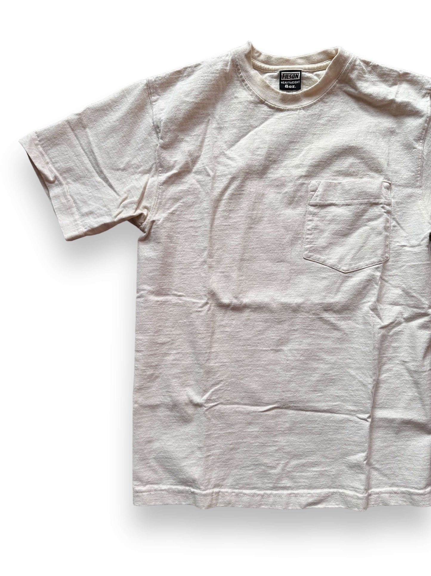 Front Right View of White Filson Loopwheel Heavyweight Cotton Pocket Tee SZ S | Barn Owl Vintage Goods | Vintage Filson Workwear Seattle