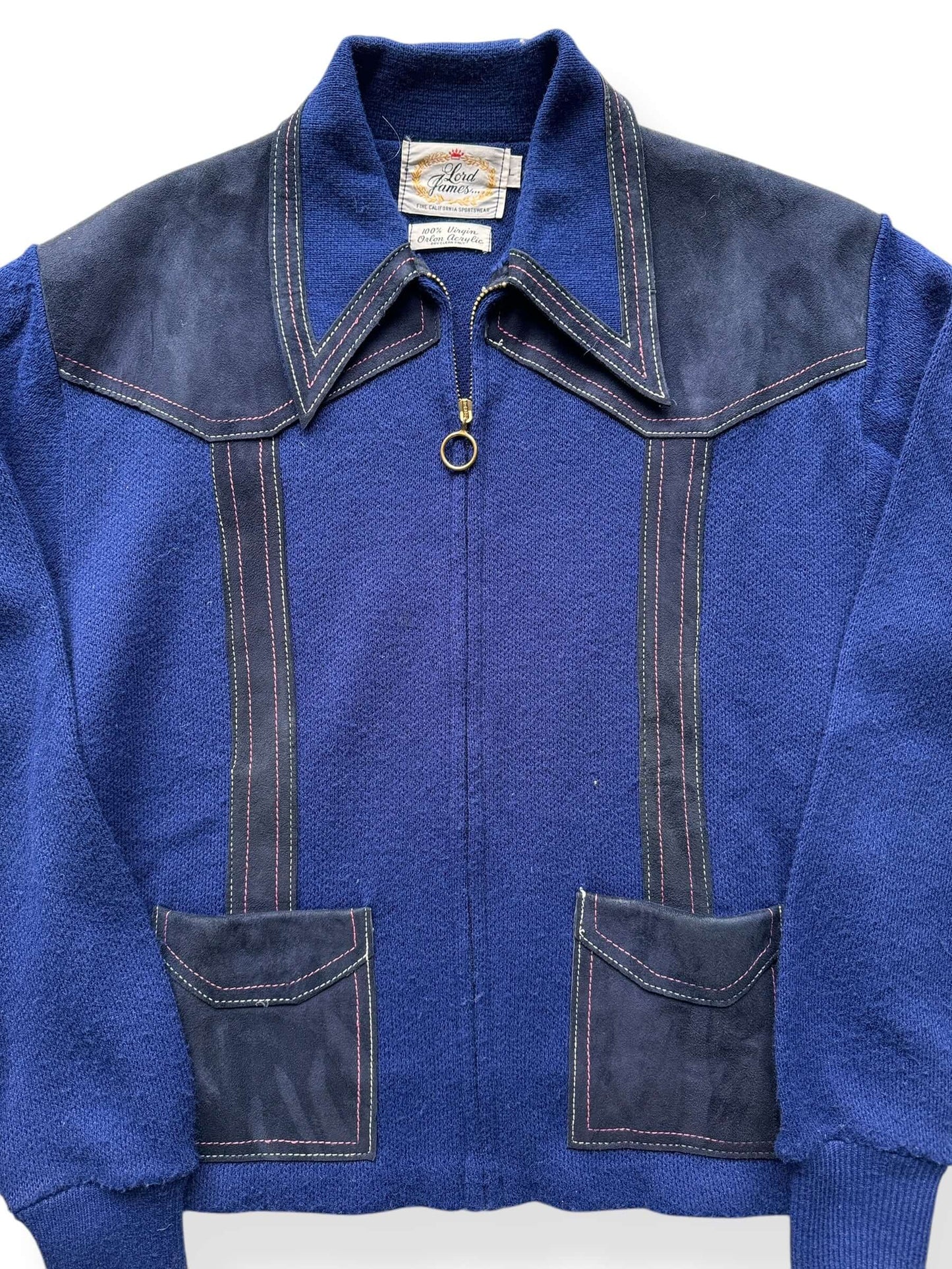 Front Close Up of Vintage Lord James Orlon Acrylic Knitted Jacket SZ L