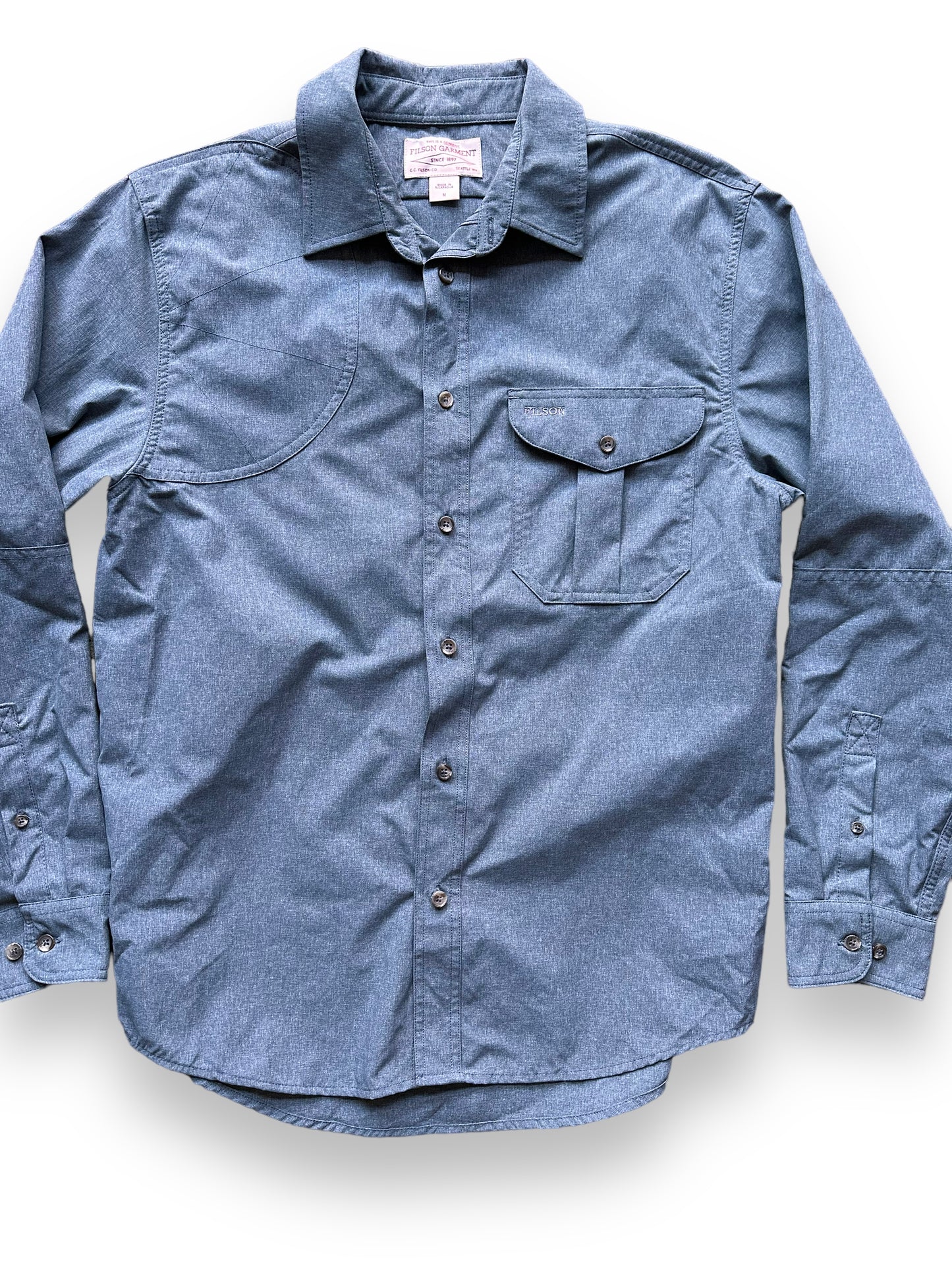 Front Detail on Filson Carbon Blue Right Handed Shooting Shirt SZ M |  Barn Owl Vintage Goods | Vintage Filson Workwear Seattle