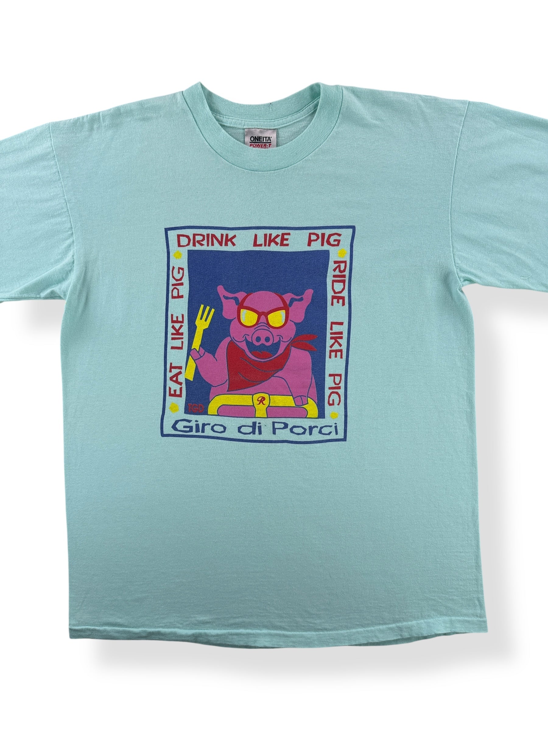 Front Close Up of Vintage Drink Like Pig Giro Di Porci Tee SZ L