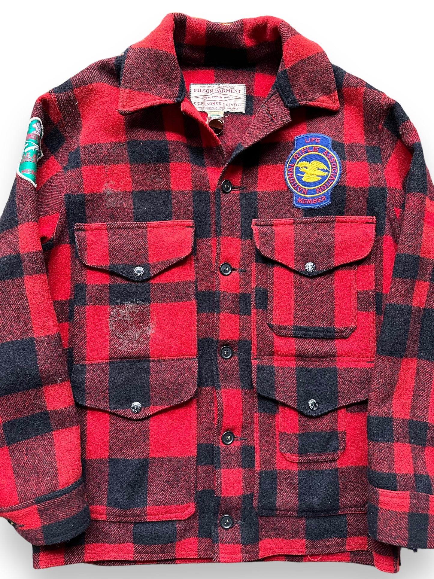 front close up of Vintage Filson Mackinaw Jacket with Patches SZ 40 |  Barn Owl Vintage Goods | Vintage Filson Workwear Seattle