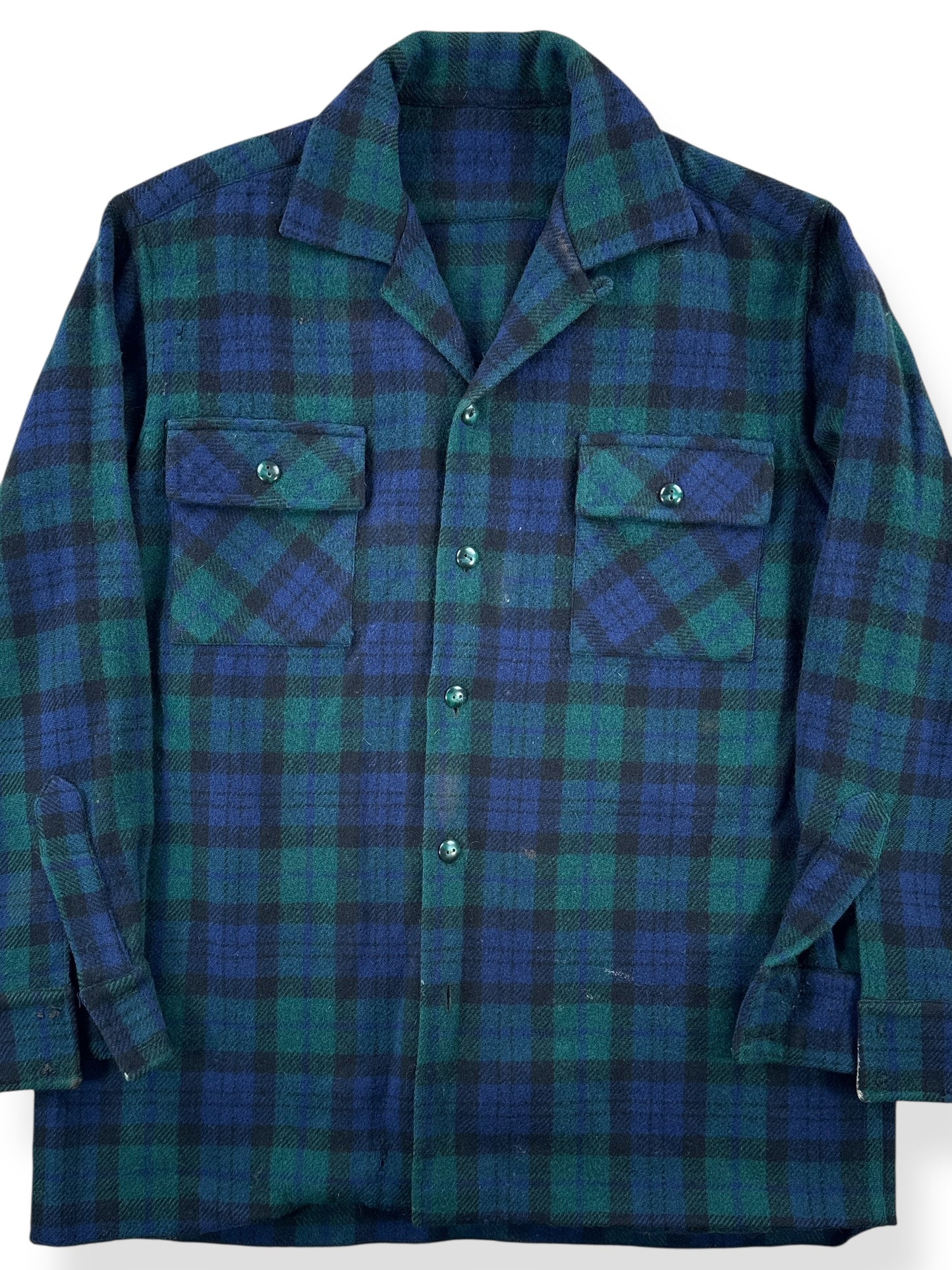 Front Close Up of Vintage Green & Blue Handmade Wool Blend Flannel SZ M AS IS