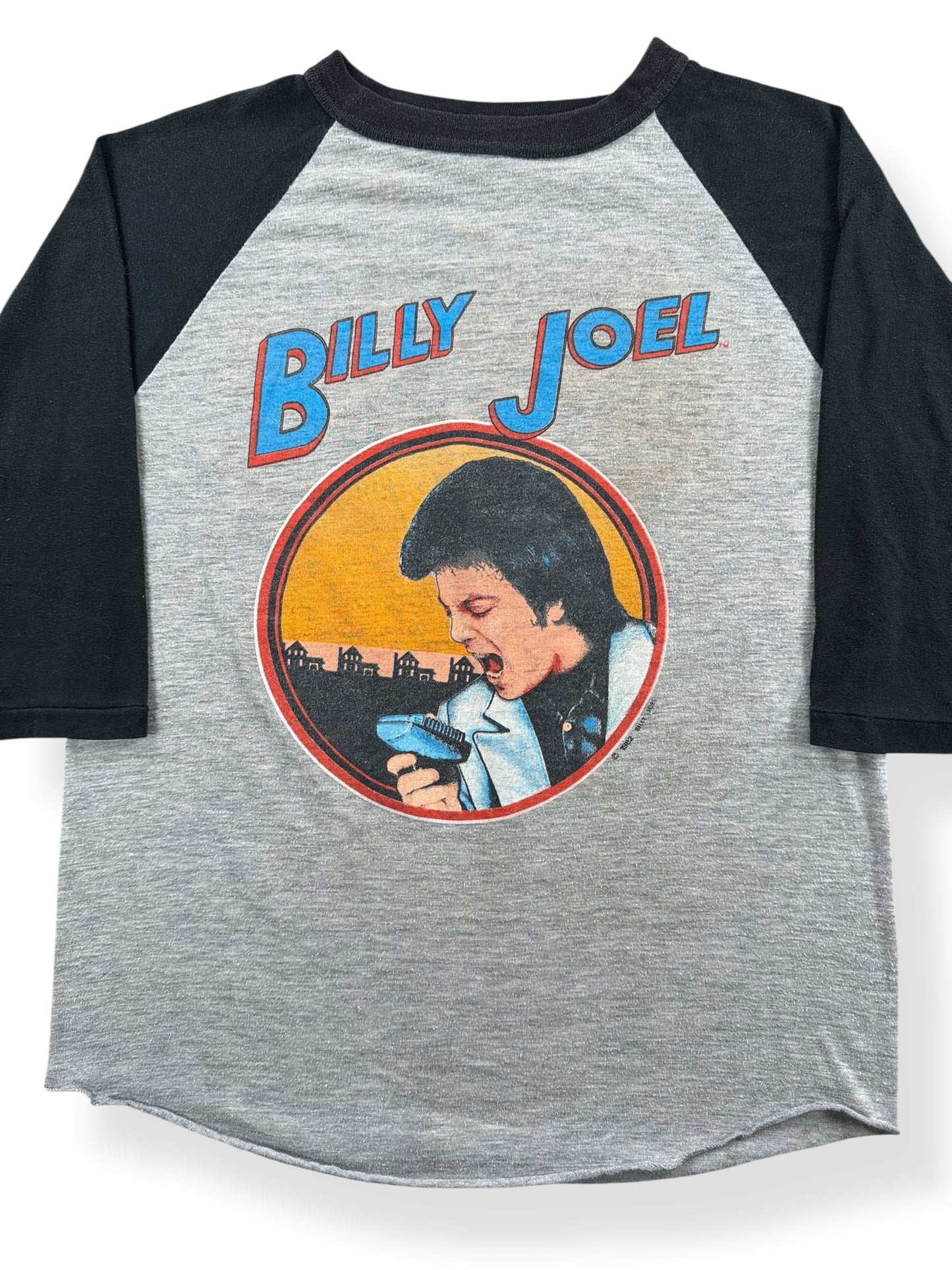 Front Close Up of Vintage Billy Joel Behind The Nylon Curtain Raglan 1982 Tour Tee SZ M
