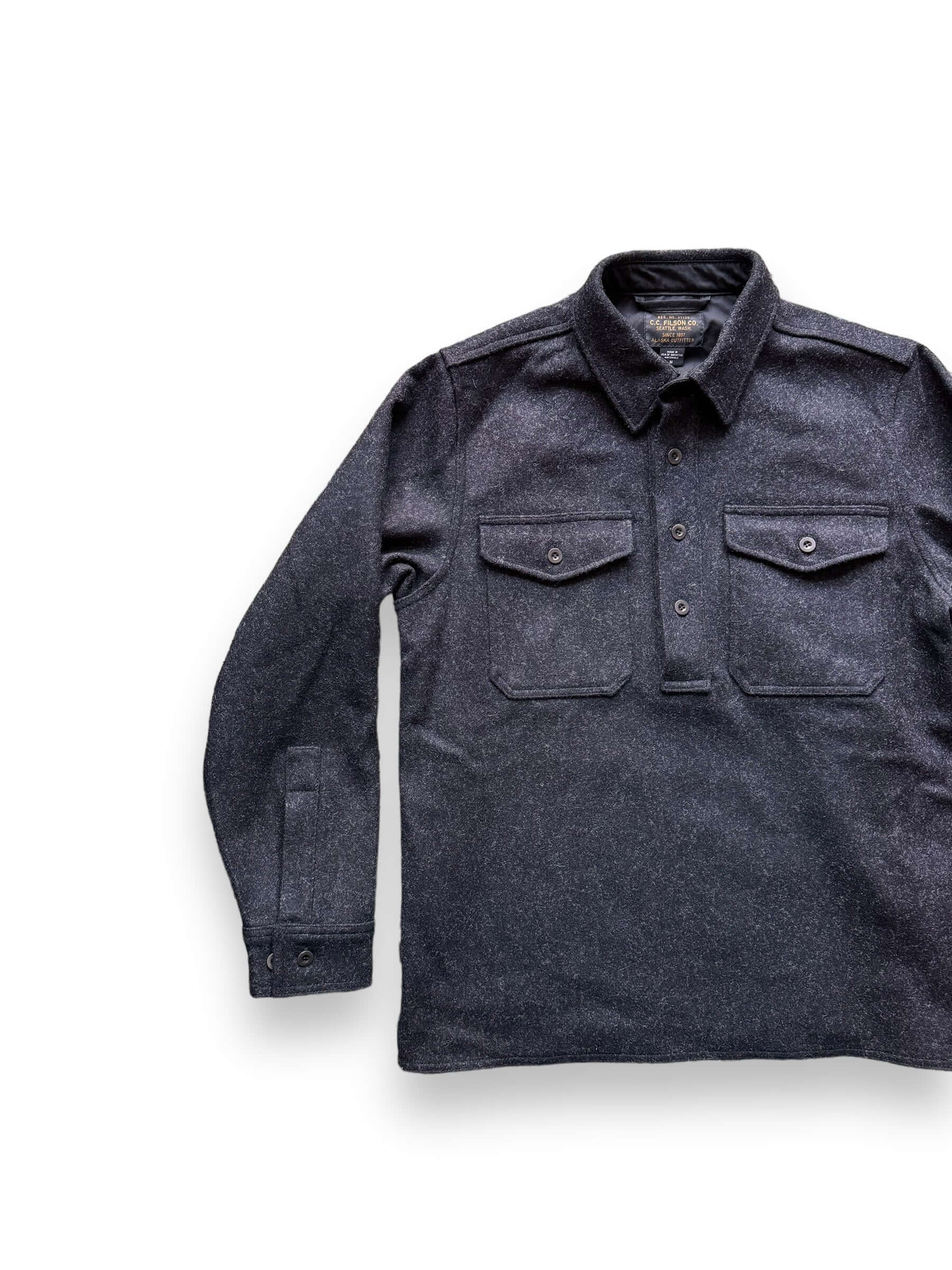 front right of Filson Black Wool Pullover Shirt SZ M