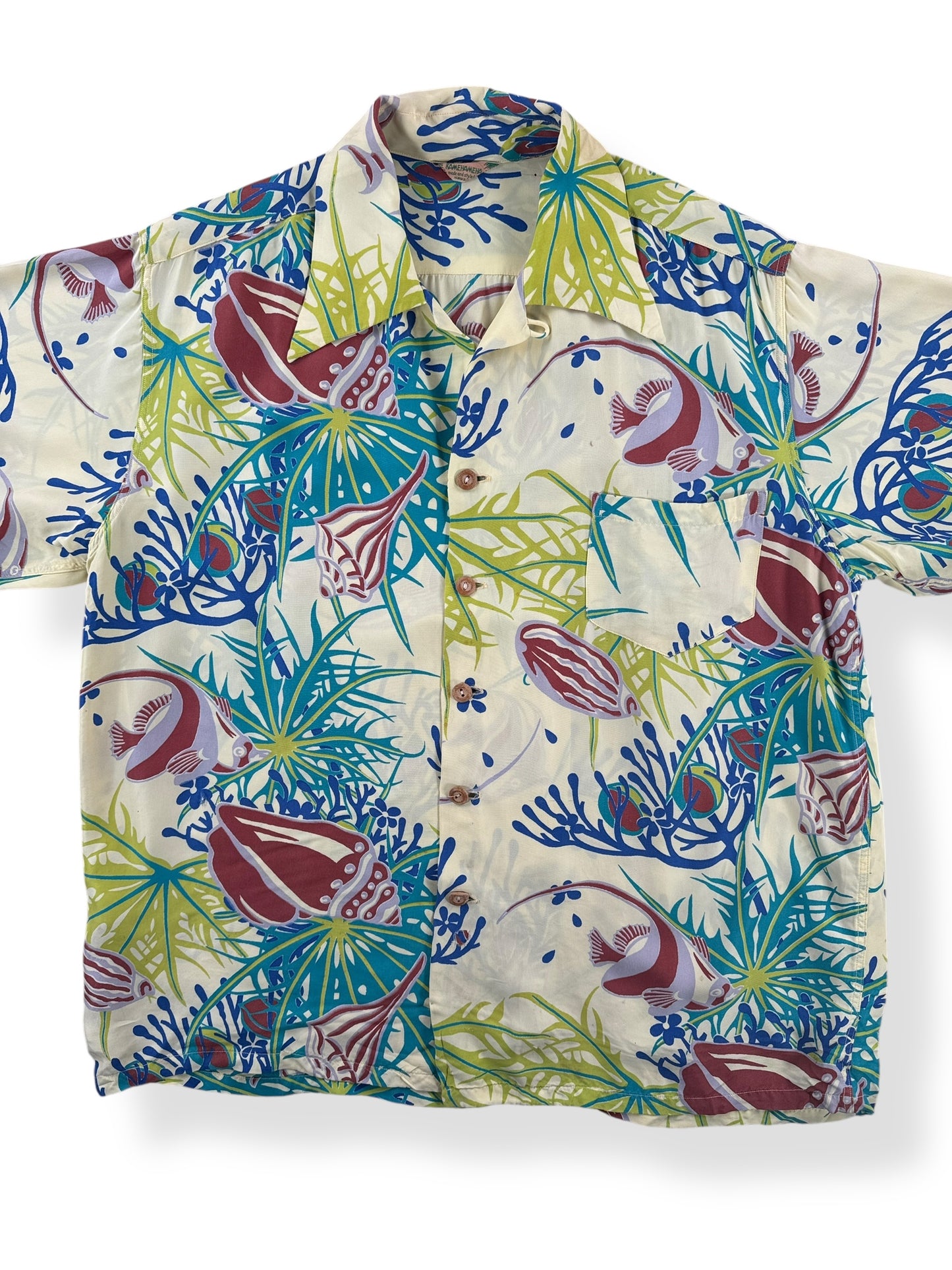 Front Close Up of Vintage Undersea Kamehameha Aloha Shirt SZ L