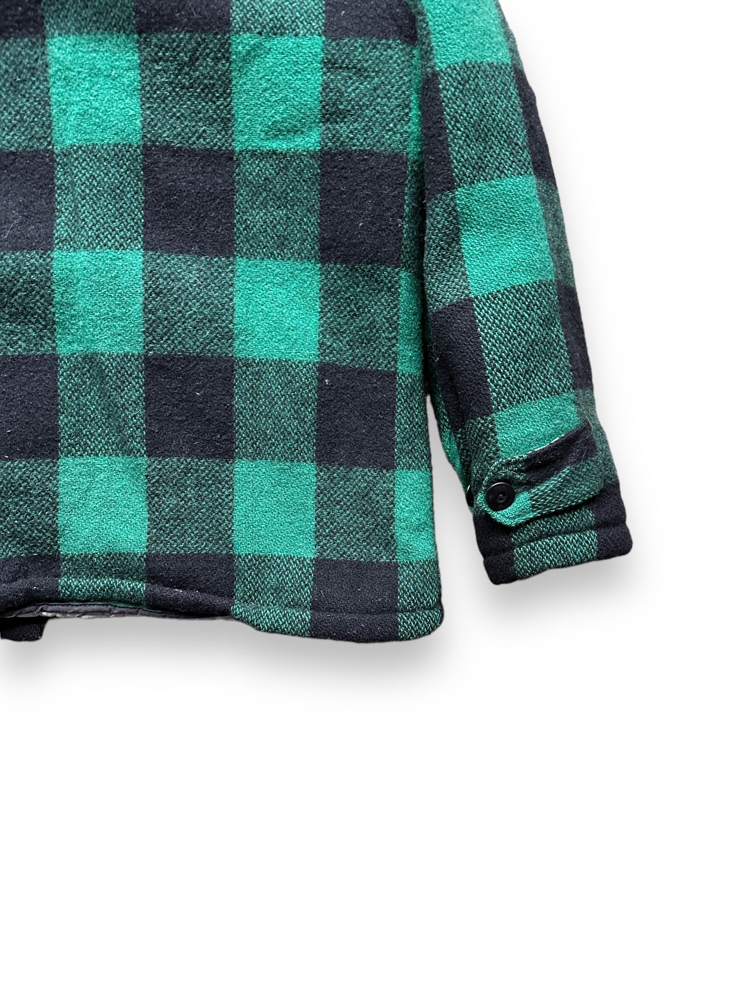 Lower Right Rear Cuff View of Vintage Green & Black Spiegel Workmaster Jacket SZ L | Vintage Wool Jacket Seattle | Barn Owl Vintage Seattle