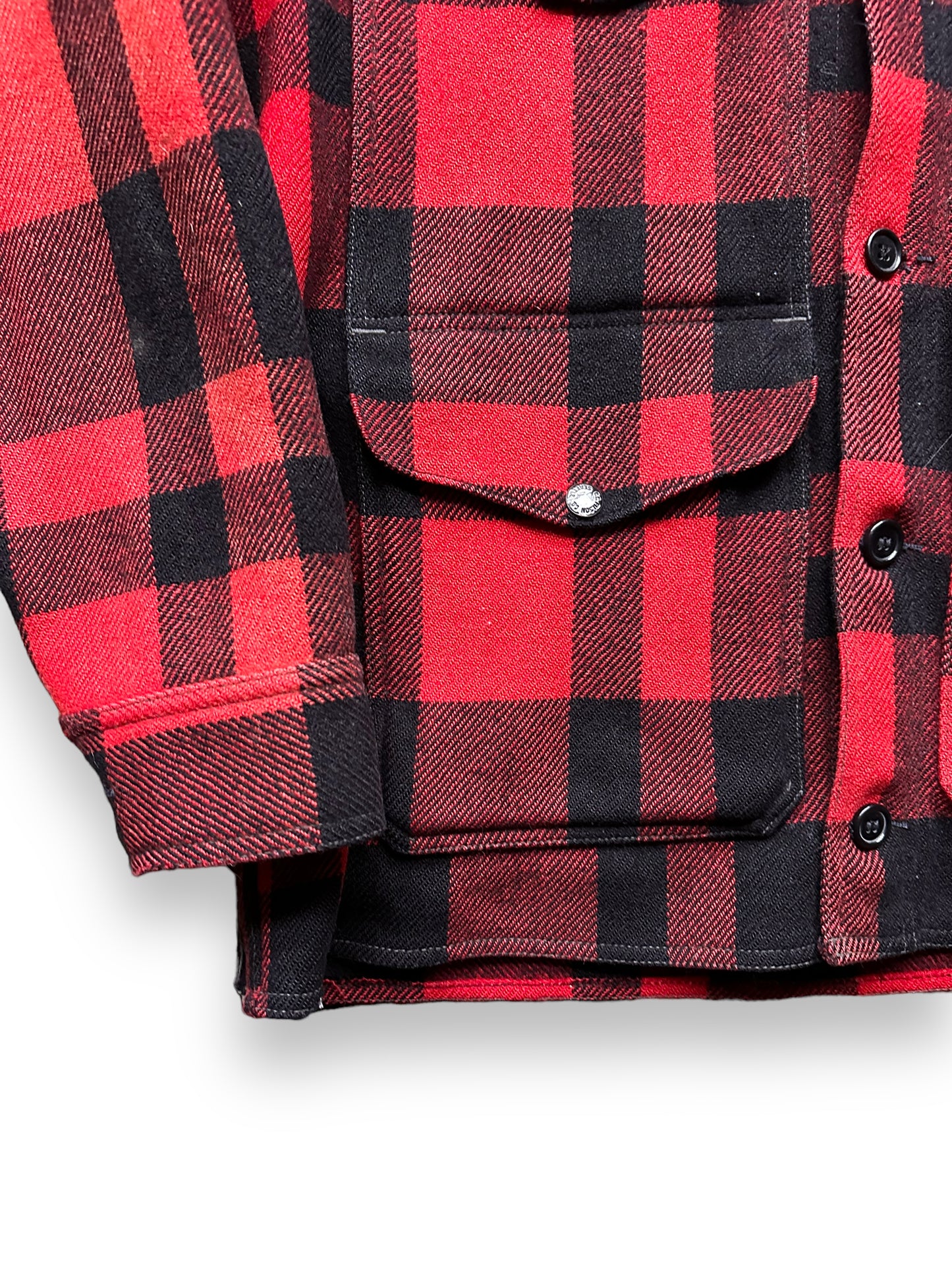 Lower Front Right View of Vintage Sun Faded Union Made Filson Red and Black Mackinaw Cruiser SZ 44 | Vintage Filson Mackinaw | Vintage Filson Workwear Seattle