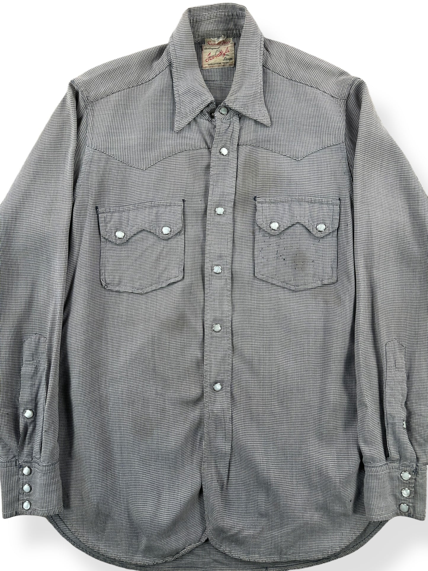 Front Close Up of Vintage Pincheck Tex Style Gabardine Pearl Snap Shirt SZ S AS IS