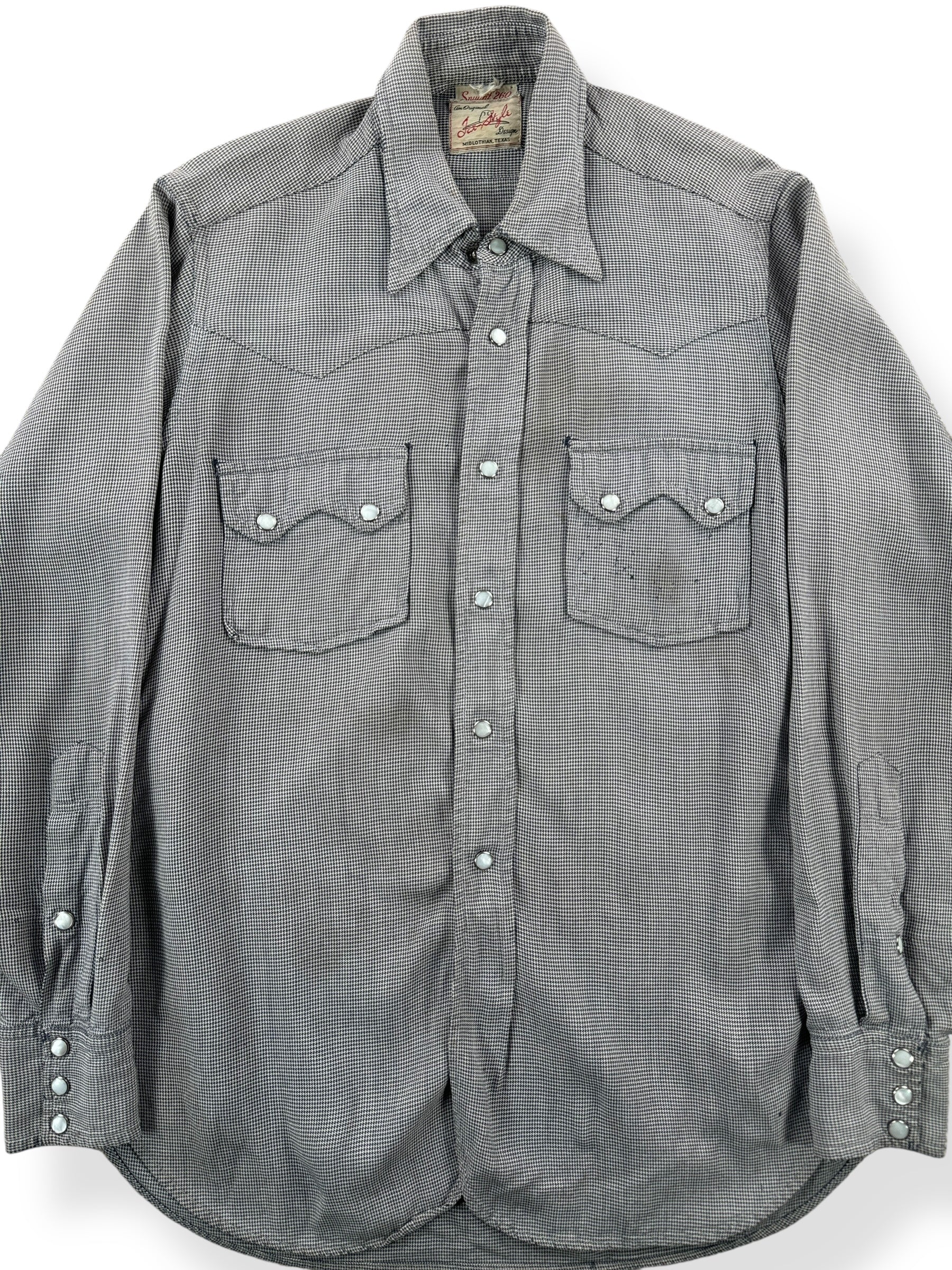Front Close Up of Vintage Pincheck Tex Style Gabardine Pearl Snap Shirt SZ S AS IS