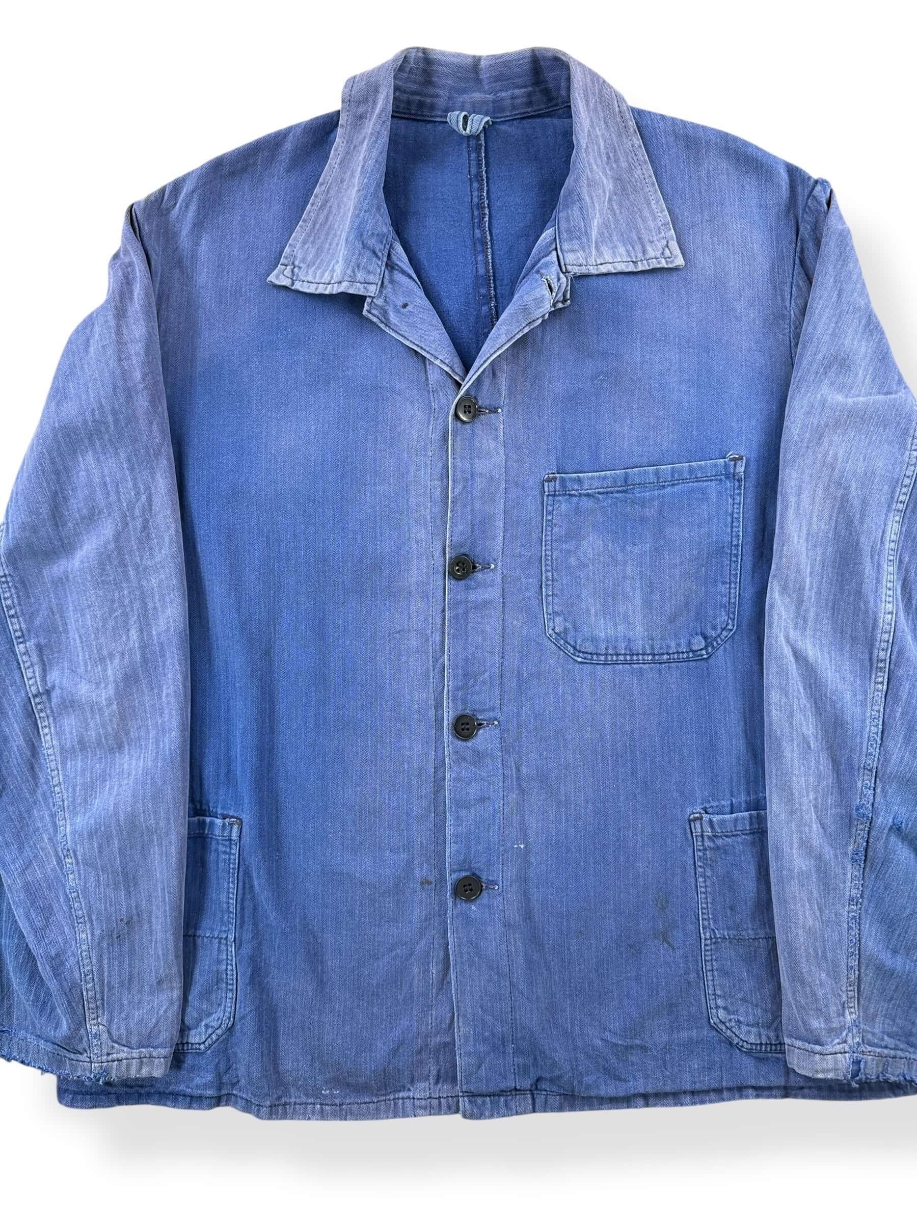 Front Close Up of Vintage Sunfaded HBT French Chore Coat SZ L