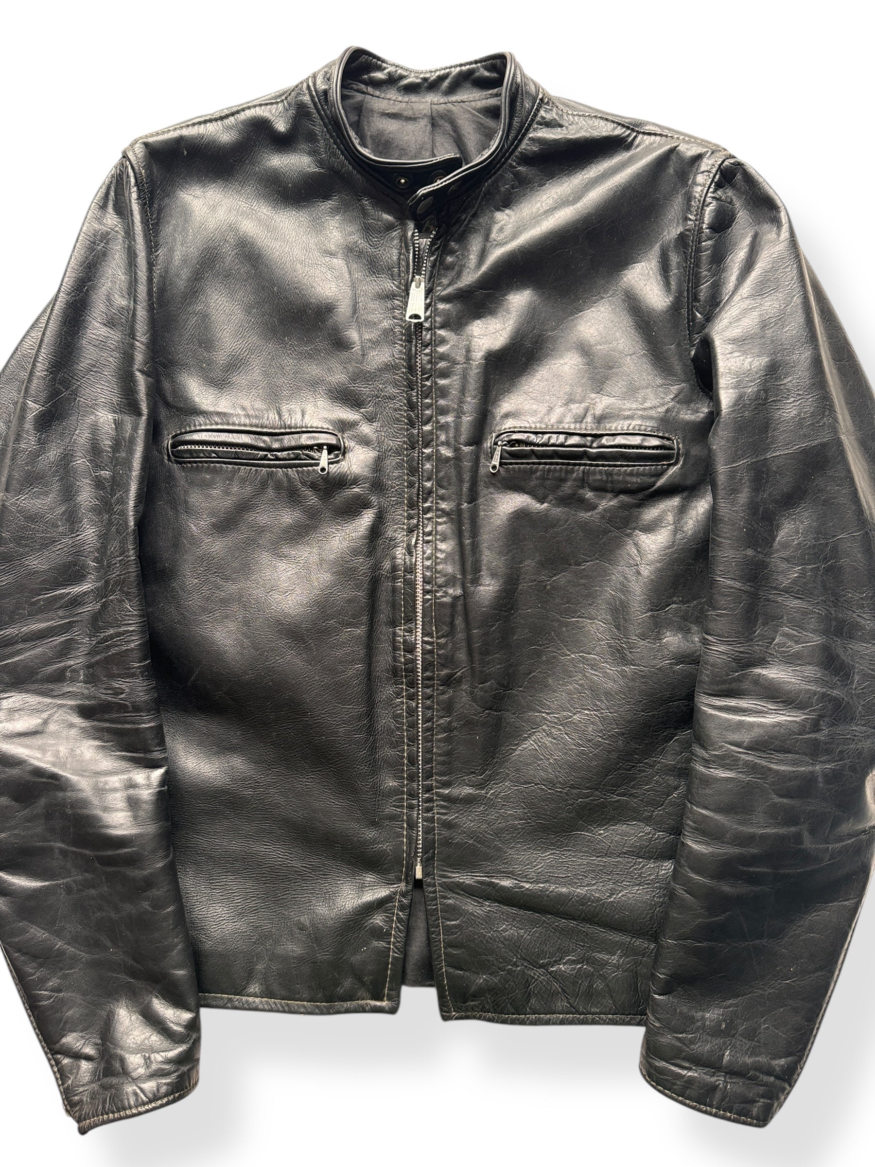 Front Close Up of Vintage Brooks Leather Moto Leather Jacket SZ 42