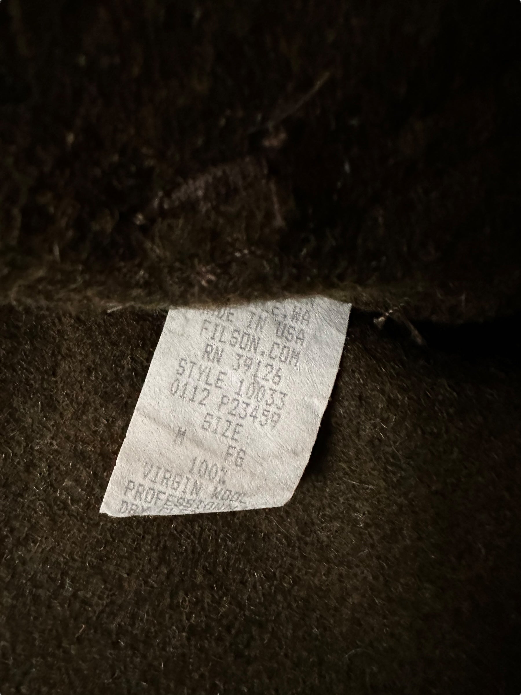 Production Tag View of New Old Stock Filson Forest Green Mackinaw Wool Liner SZ M |  Barn Owl Vintage Goods | Vintage Filson Workwear Seattle