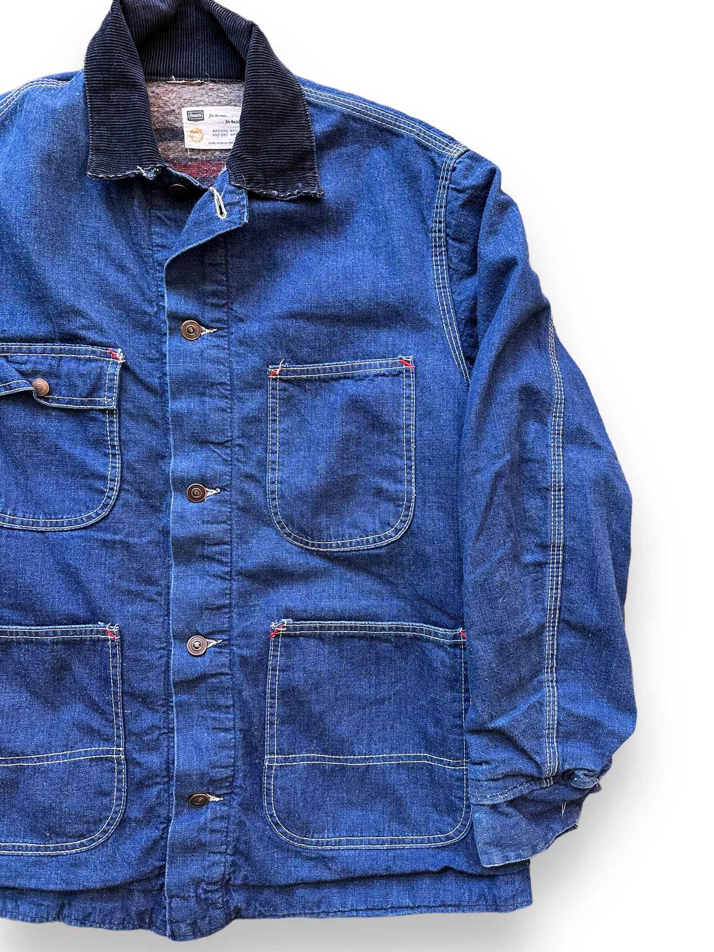 Front Left View of Vintage Sears Blanket Lined Denim Chore Coat SZ L | Vintage Denim Chore Coat | Barn Owl Vintage Seattle