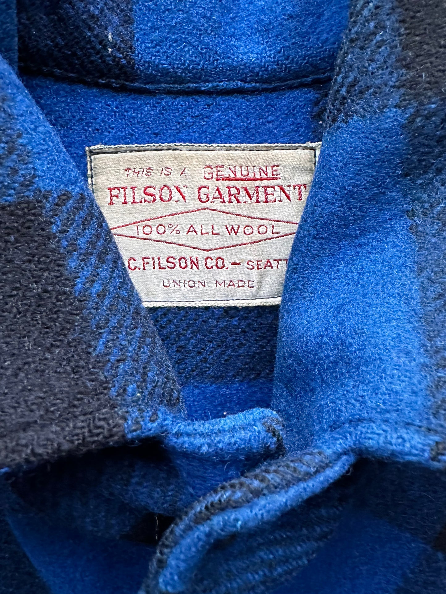 Tag View of Vintage Union Made Era Filson Double Mackinaw SZ 42 | Barn Owl Vintage Goods | Vintage Filson Workwear Seattle