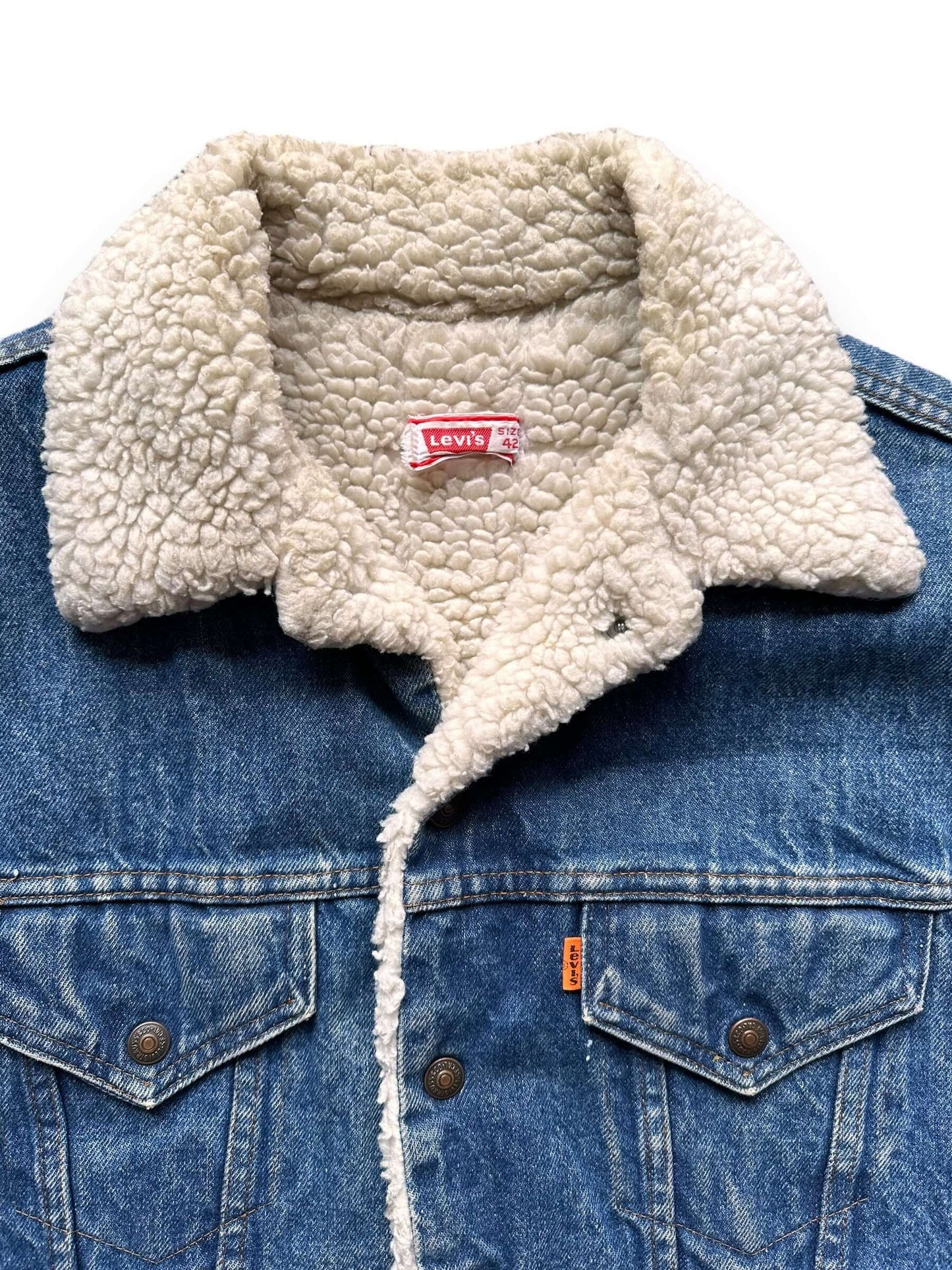 Tag View of Vintage Levis Orange Tab Sherpa Type III Denim Jacket SZ 42 | Vintage Denim Workwear Seattle
