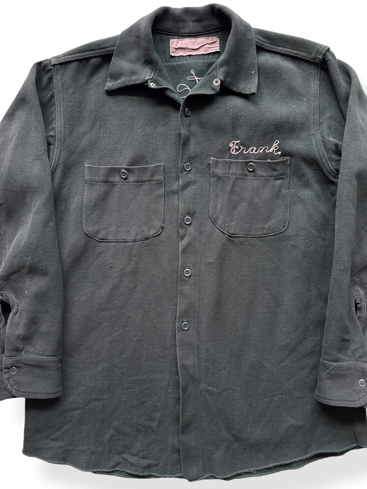 Front Close Up of Vintage Meteor Motors Chainstitched Work Shirt SZ M