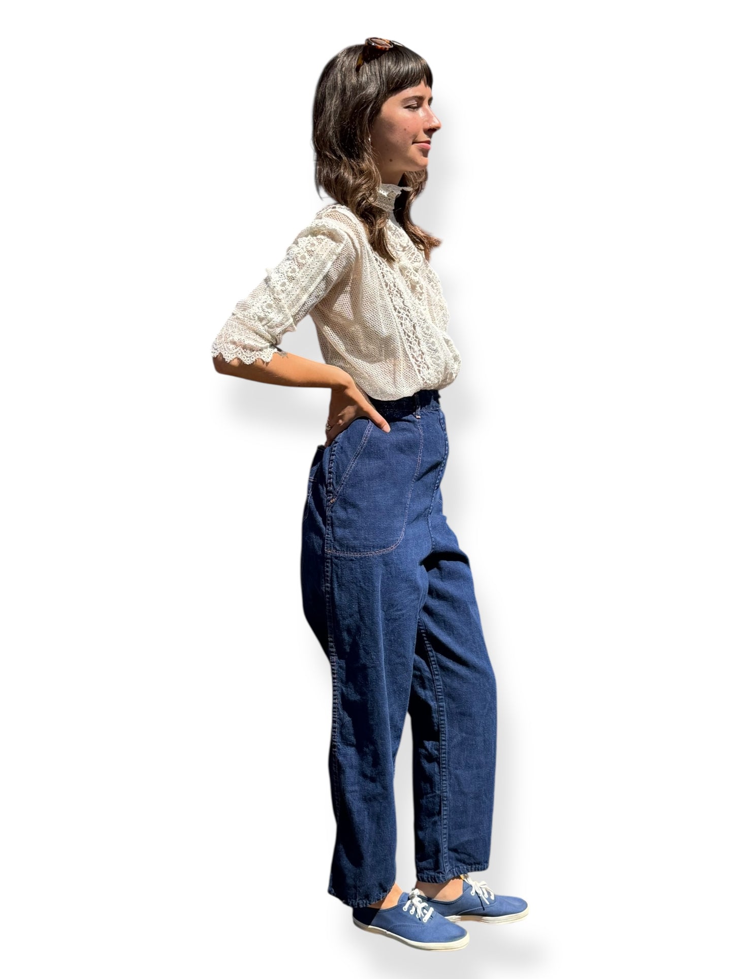 Side On Body View of Vintage Ladies Strong Reliable Side Zip Jeans W30
