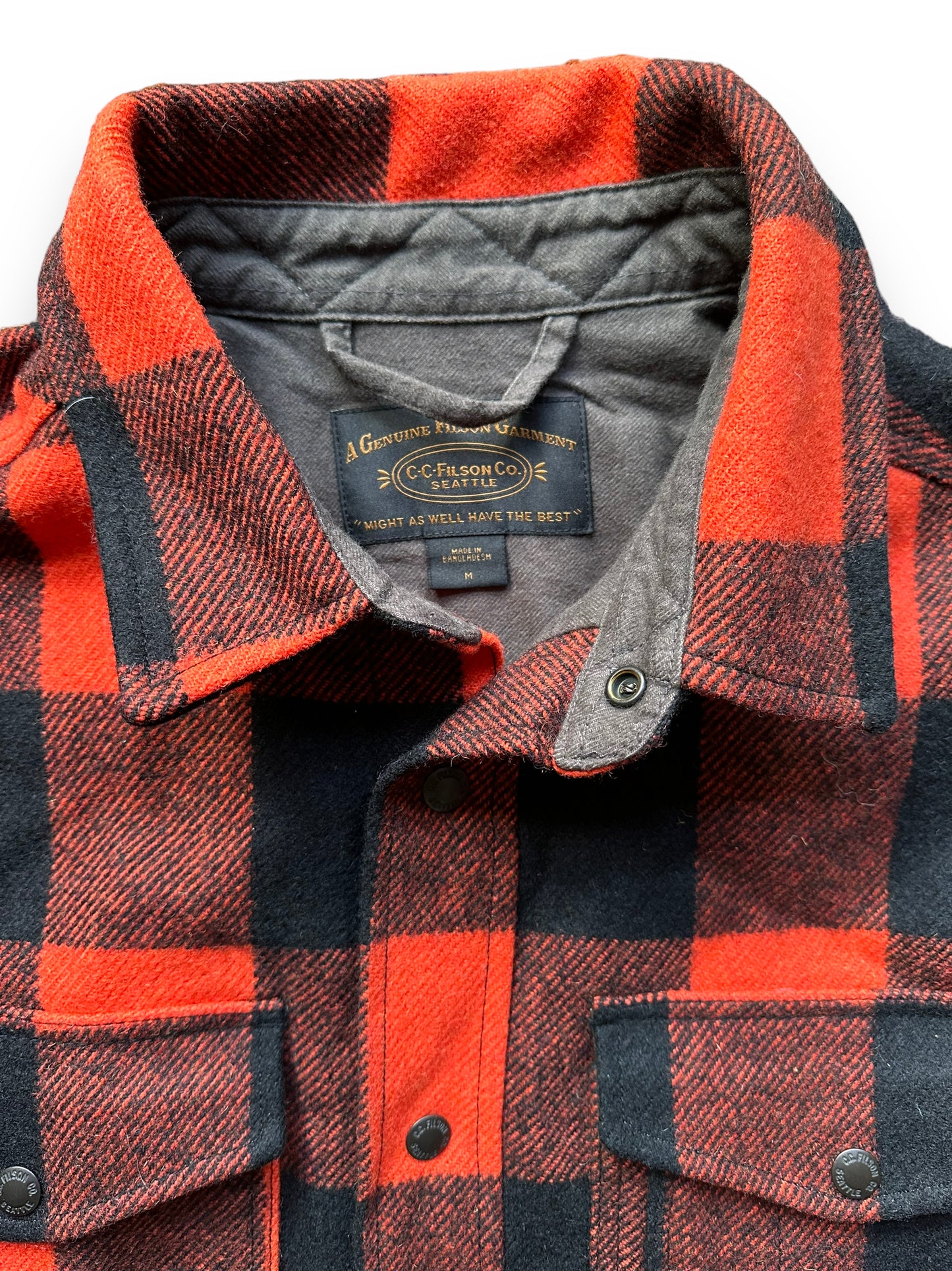 Tag View of Filson Black Blaze Mackinaw Lined Jac Shirt SZ M | Barn Owl Vintage Goods | Vintage Filson Workwear Seattle