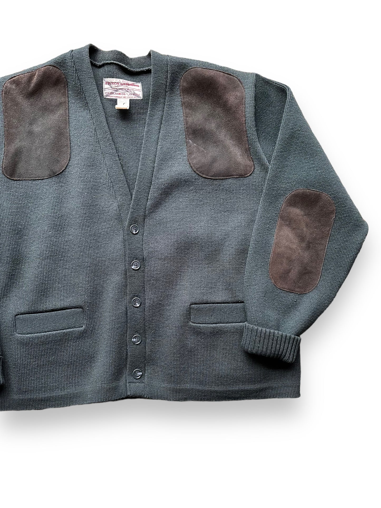 Left Front View on Vintage Filson Green Cardigan Sweater SZ XL | Vintage Workwear Seattle | Vintage Filson Seattle