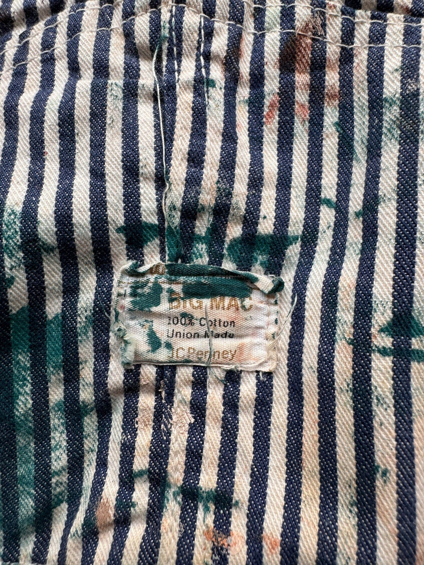 Front Label of Vintage Blue Paint Patina Packed Big Mac Hickory Stripe Overalls W38