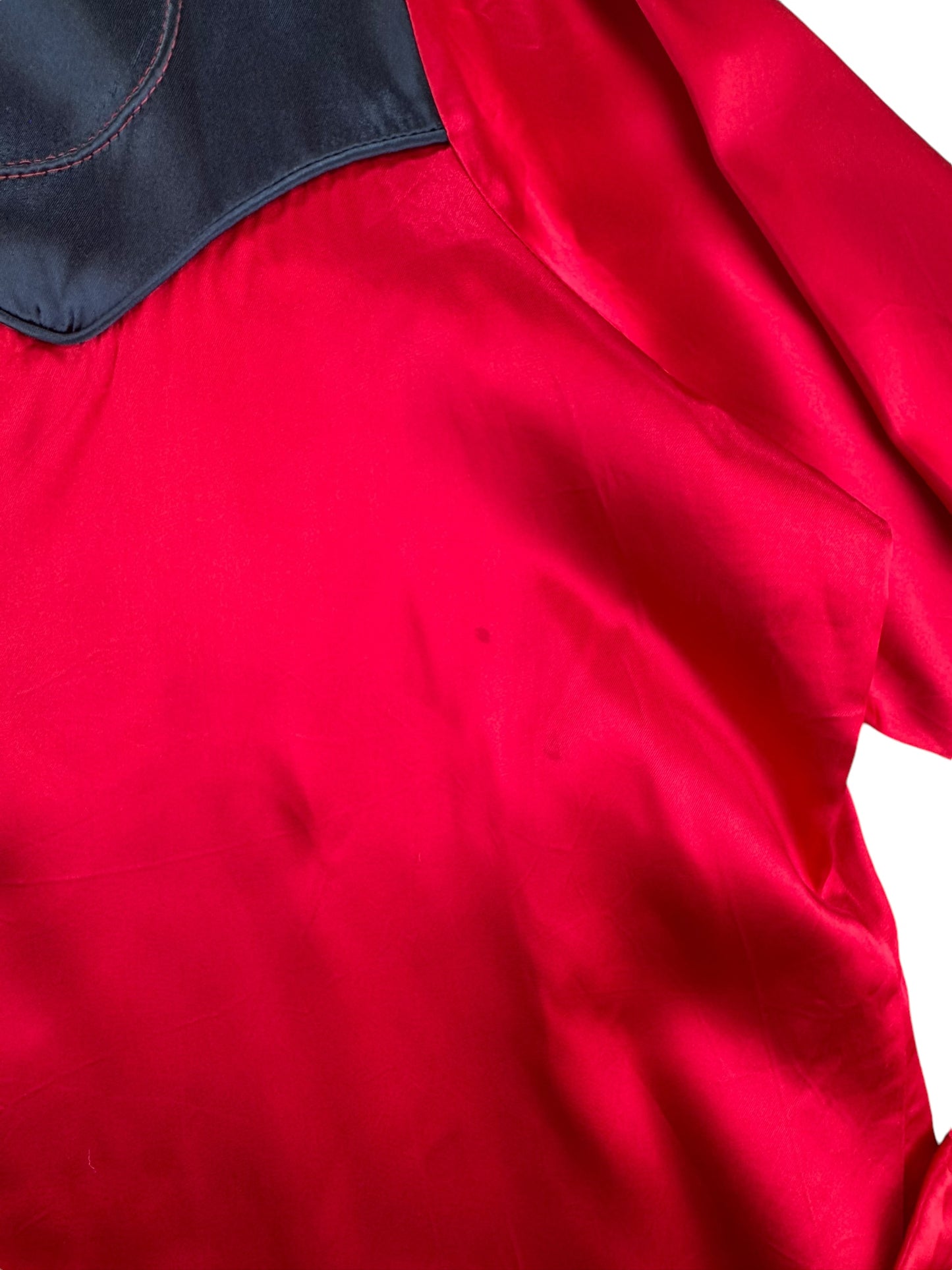 Small stains front left side 1980s Red and Black Satin Western Pearl Snap Shirt XL