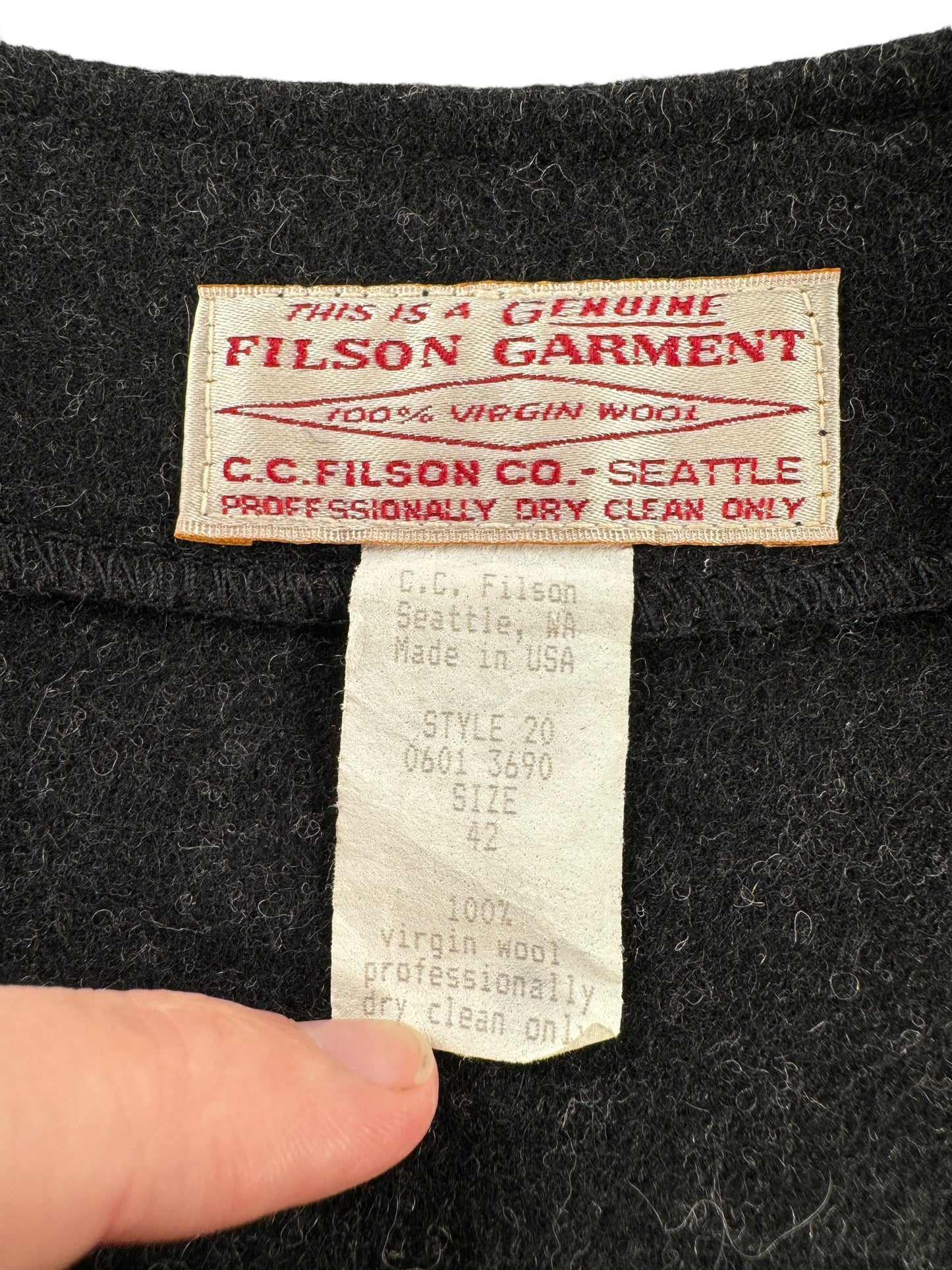 Tag on Vintage Filson Charcoal Mackinaw Vest SZ 42