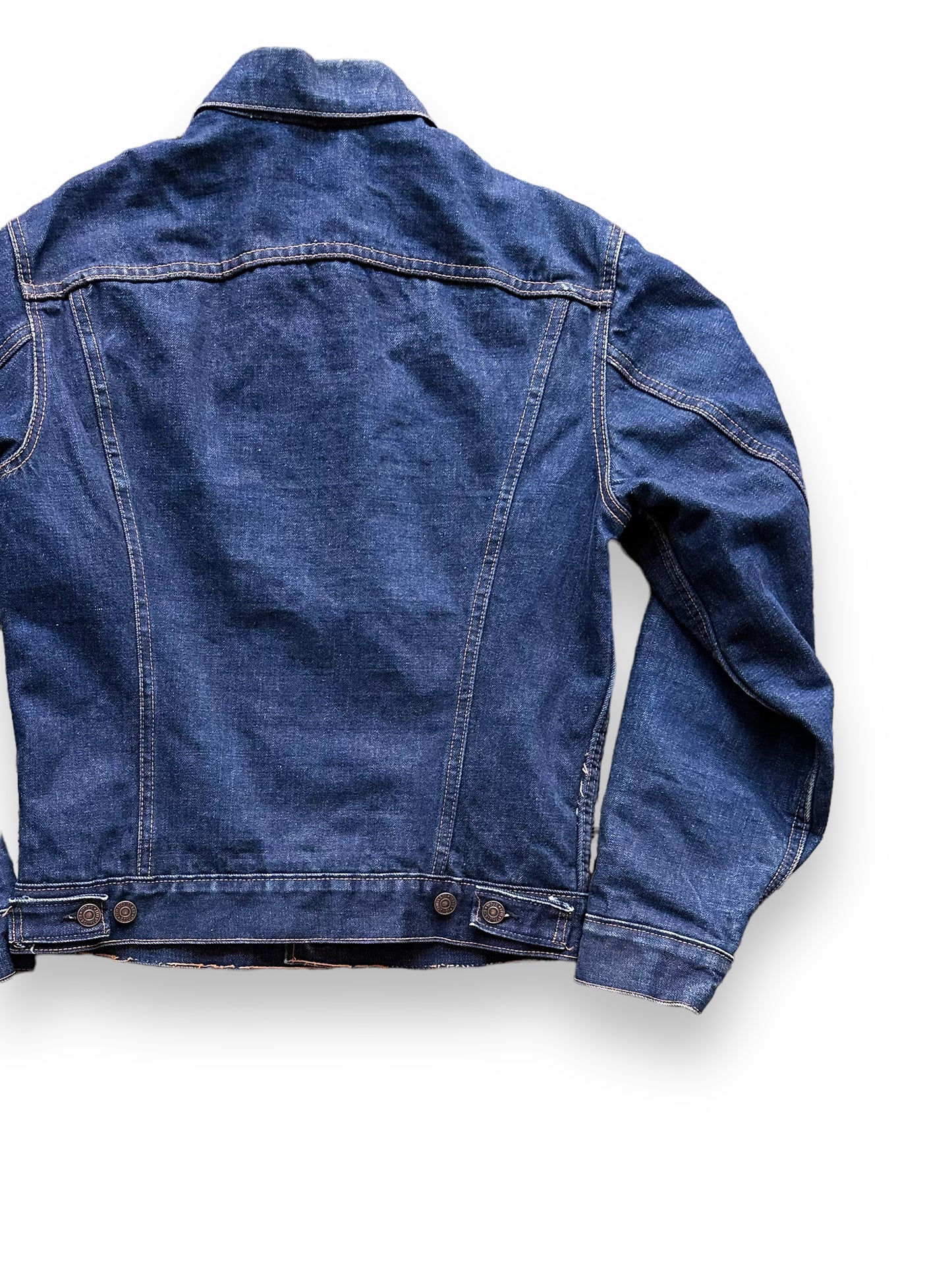 Rear Right View of Vintage Levi's Big E Blanket Lined Type III Trucker SZ S | Vintage Denim Workwear Seattle | Seattle Vintage Denim