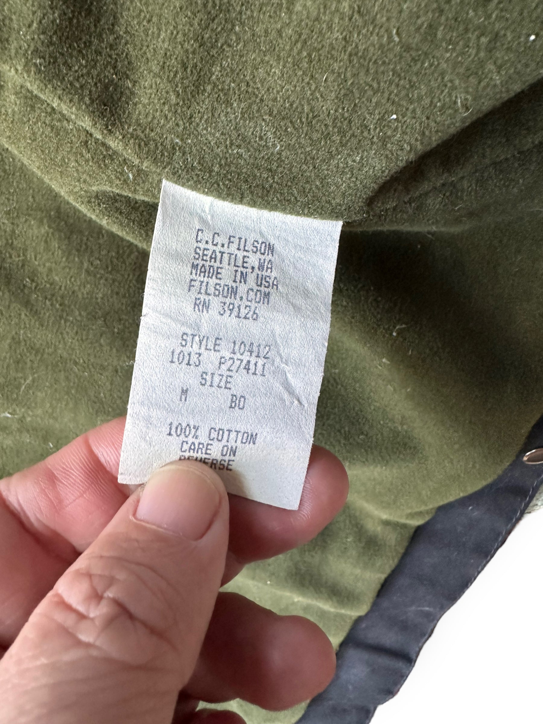 Production Tag View of Filson Black Short Lined Tin Cloth Cruiser SZ M |  Barn Owl Vintage Goods | Vintage Filson Workwear Seattle