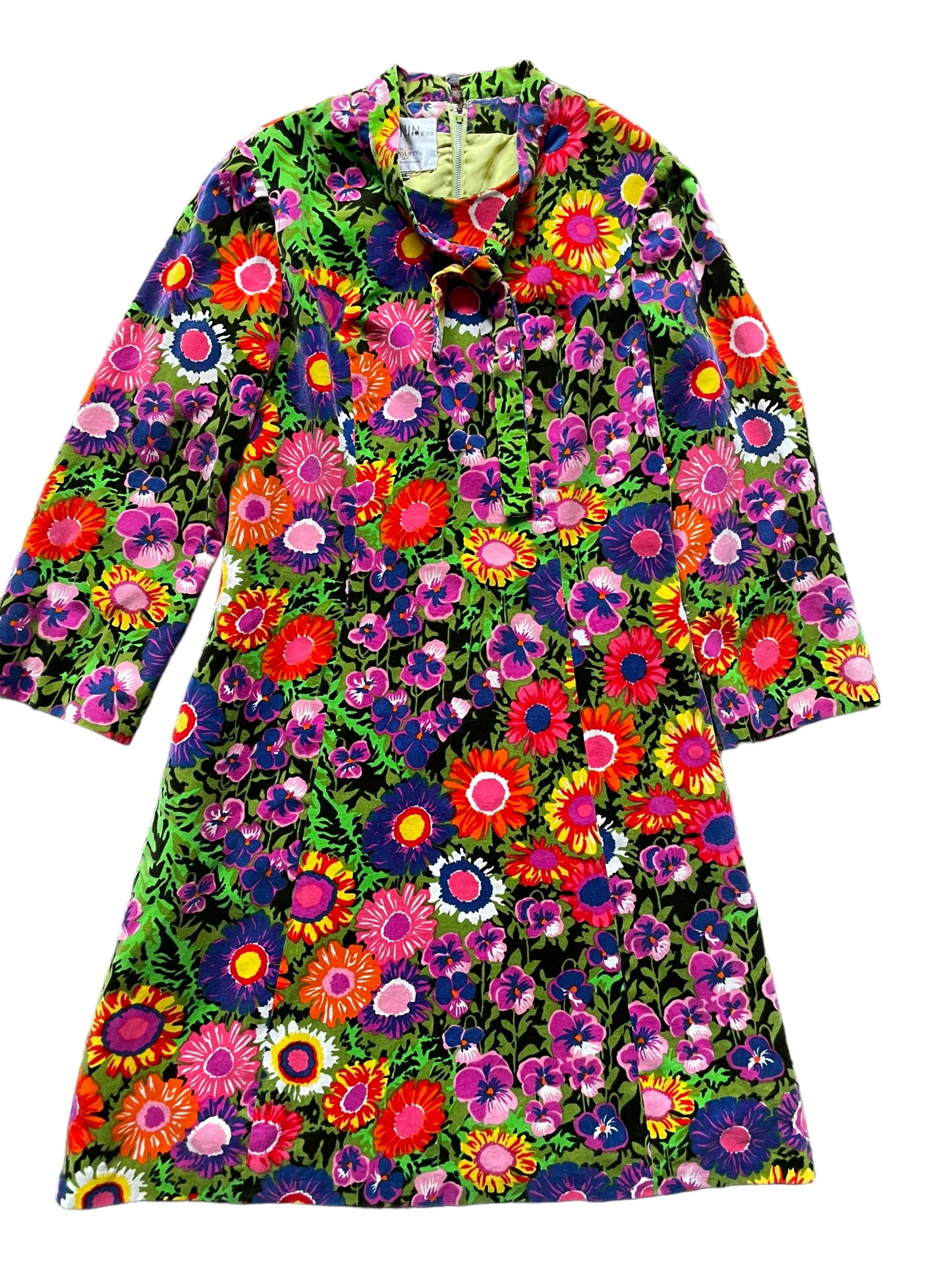 Front flat lay view of Vintage 1960s I. Magnin Velvet Floral Dress SZ L | Barn Owl Vintage Dresses| Seattle Vintage Dresses